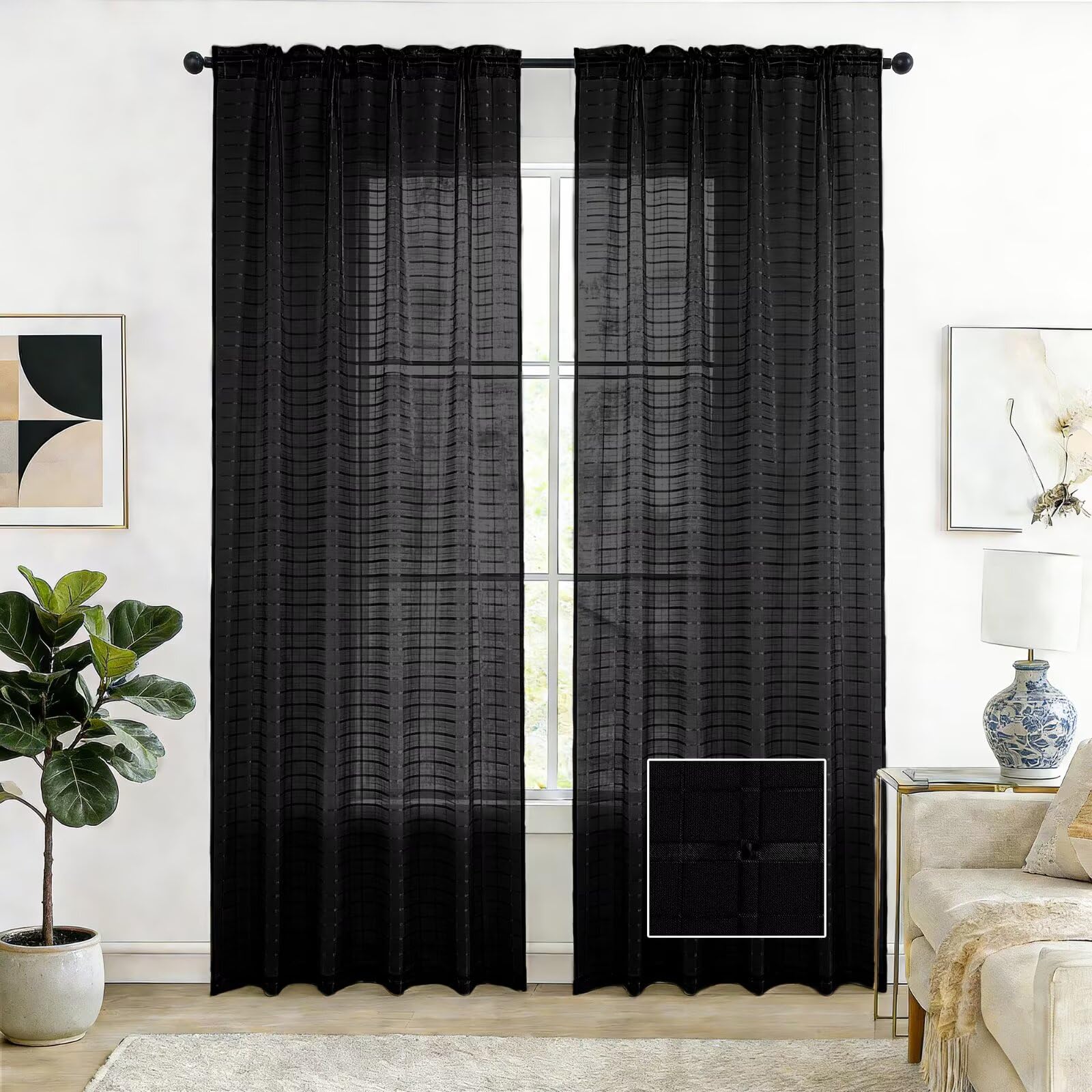 SpaceDresser Check Sheer Curtains 84 Inches Long for Living Room, Rod Pocket Plaid Semi Sheer Drapes for Kitchen Bedroom（Black, 52W x 84L） — image 1