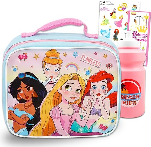 Disney Juego de lonchera de princesa para niñas, niños, paquete con lonchera escolar de princesa con botella de agua rosa, calcomanías de princesa y