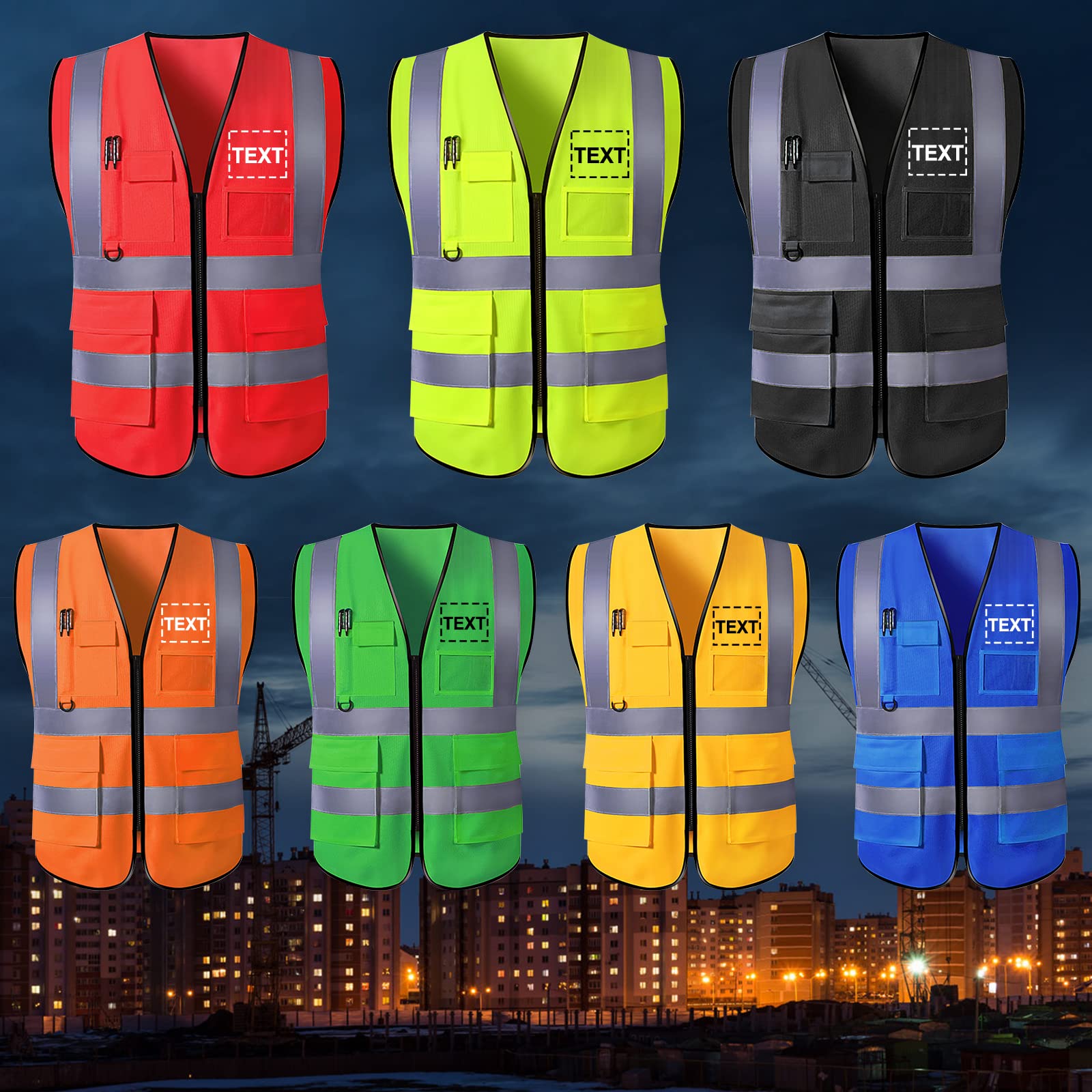 YAEILOV Custom Safety Vest for Men High Visibility Protective Workwear 5 Pockets With Reflective Strip Personalized Your Text/Logo/Image Safety Accessories for Outdoor Works(Black,XL)