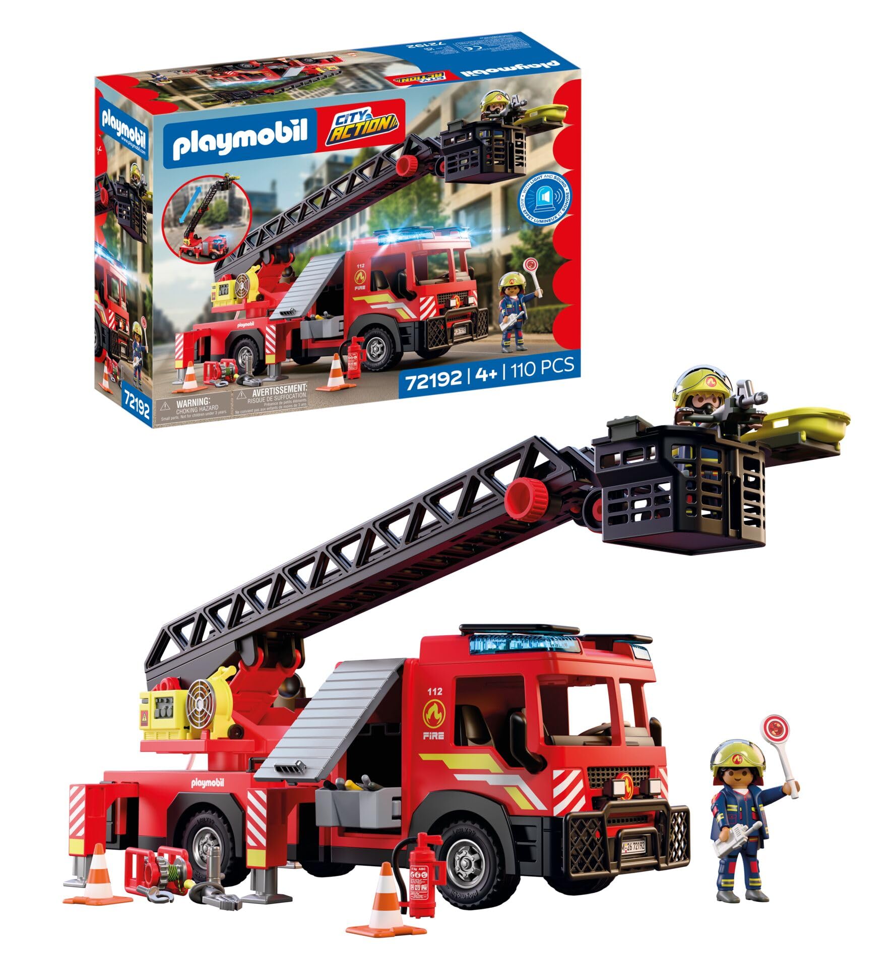 PLAYMOBIL | City Action | Autoscala dei pompieri | Veicolo di intervento con scala da 63 cm, luci e suoni, attrezzature di soccorso e accessori | Per bambini da 4 anni | 72192