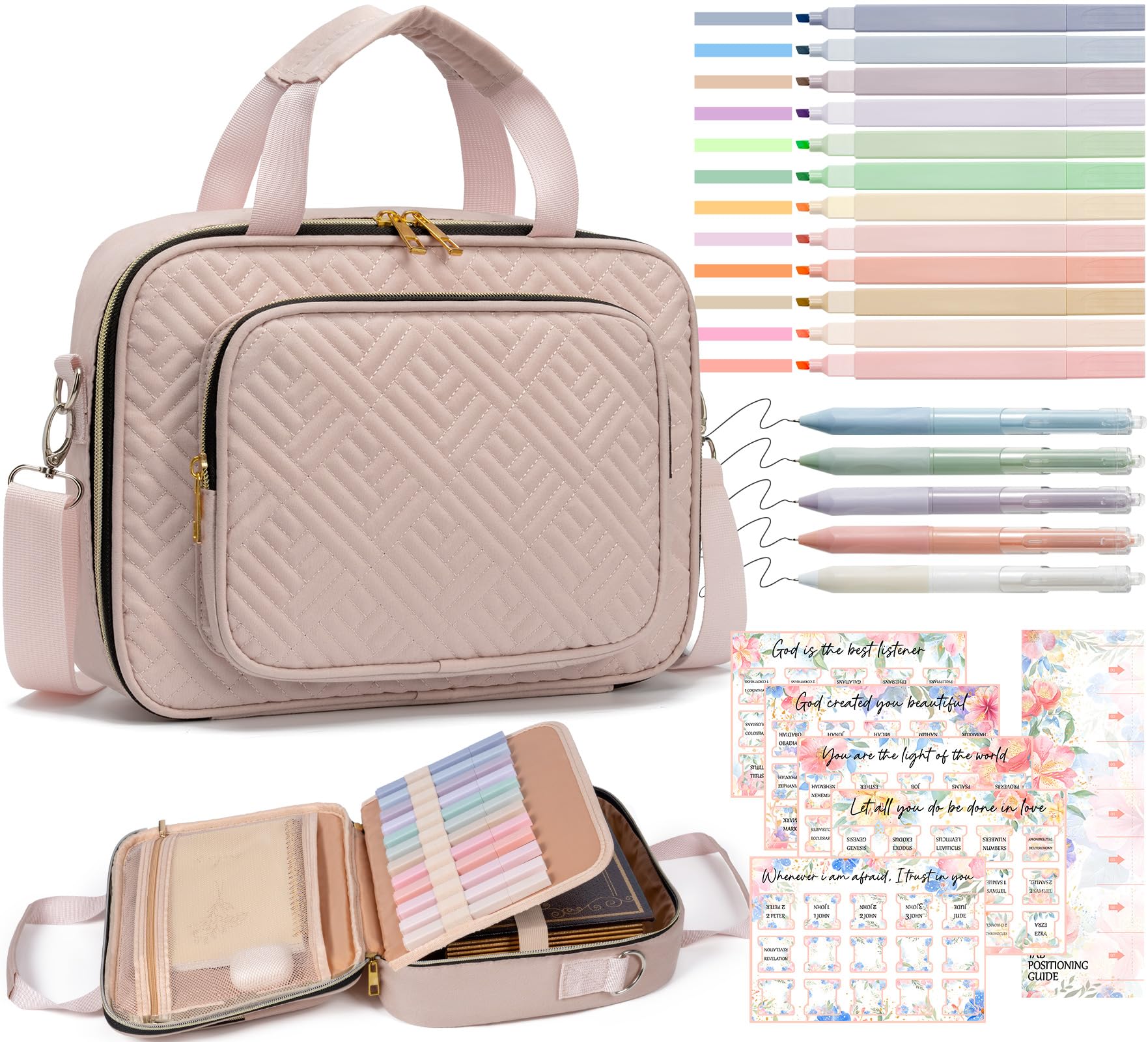 Bible Cover Case for Women, Large Bible Bag w/Shoulder Strap, Bible Study Supplies Journaling Kit Pink Book Carrying Case with Pastel Highlighter Tabs