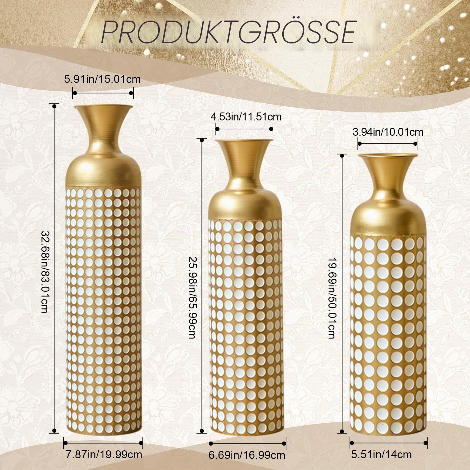 Bodenvase groß 3er Set (50/66/83 cm) - Große Deko Vasen aus Metall, Übertöpfe für Pflanzen als Zimmerdeko für Wohnzimmer & Flur im Vintage Look, Gold mit weißen Punkten