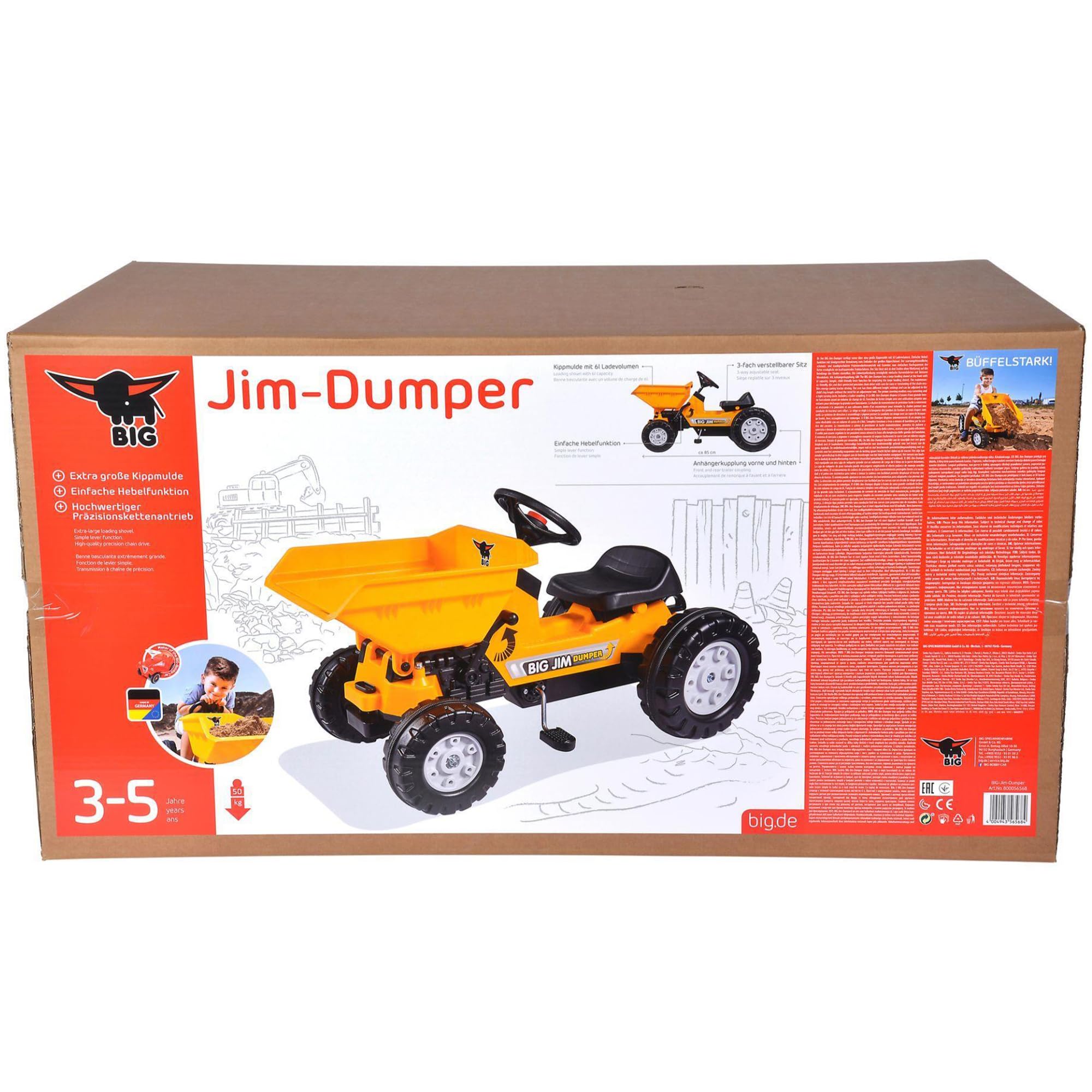 BIG - Jim Dumper - Kinderkipper Spielfahrzeug, 3-fach verstellbarer Sitz, wetterbeständiges Kunststoffmaterial, Speichenlenkrad mit verstellbarer Hupe, für Kinder ab 3 Jahren