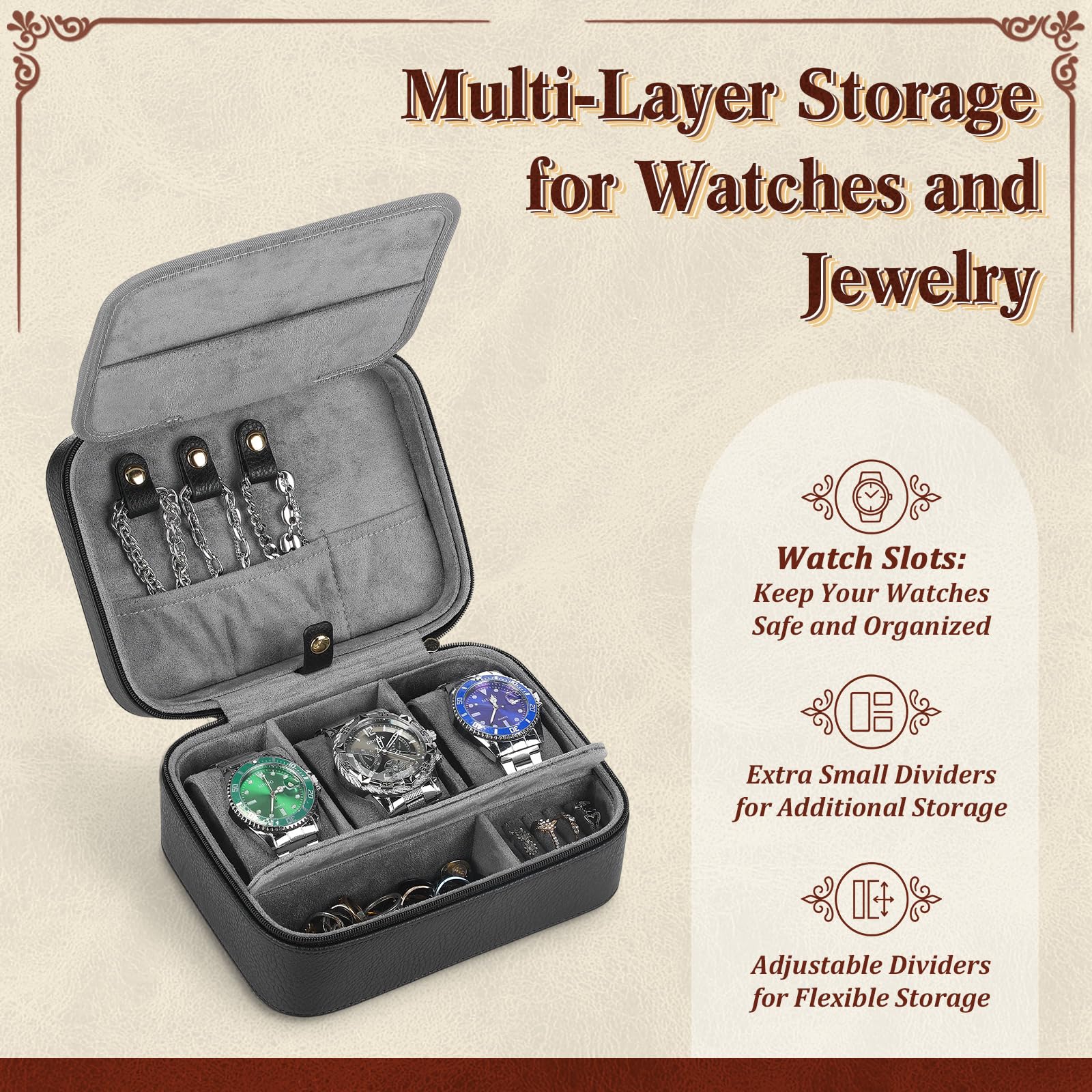 Boîte à montres à 3 emplacements pour homme - Étui de voyage avec compartiments - Organisateur de bijoux - Cadeau pour la fête des pères et mari (noir - gris)