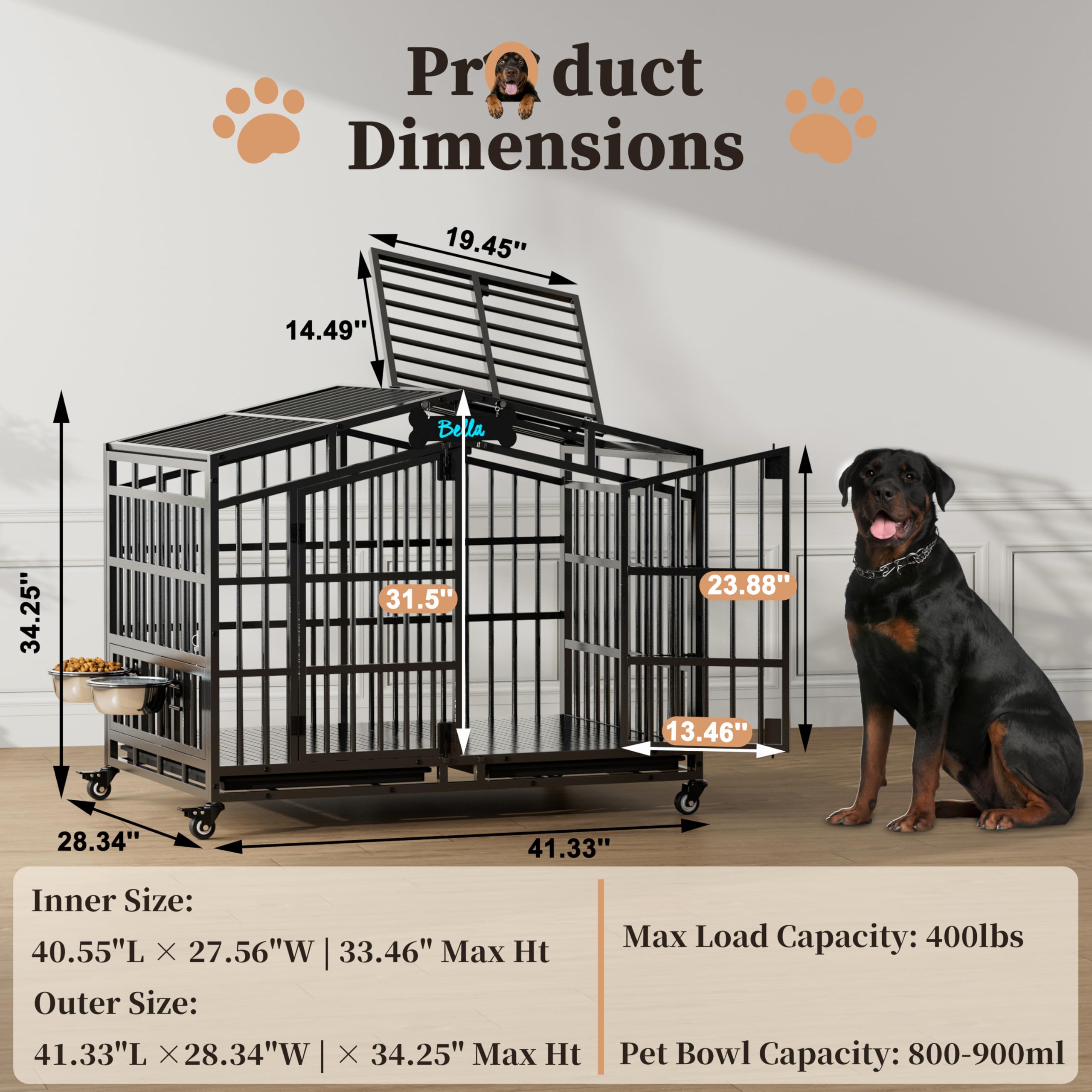 105cm XL Metall Große Hundekäfig Möbel, Extra Dickes Metall Hundebox für Zuhause mit 2 Hunde Näpfen & Namensschild, Offener Oberseite & 360° Rollen, Kau-/Ausbruchsicher - 105x65x88cm