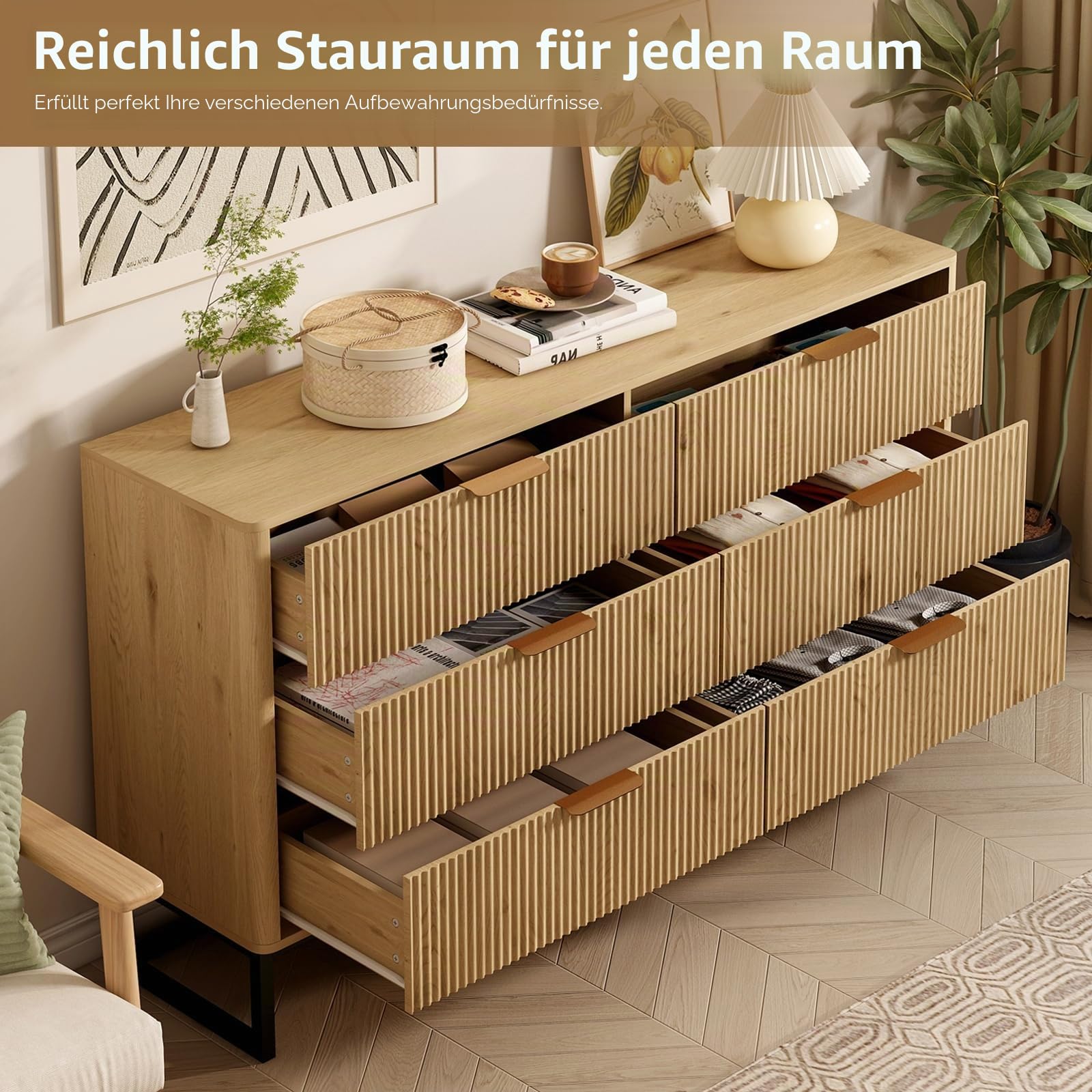 Kommode mit 6 Schubladen, Moderner Kommodenschrank Sideboard mit Metallfuß, Beistellschrank für Schlafzimmer, Wohnzimmer, Flur, 137x40x80cm,Natural