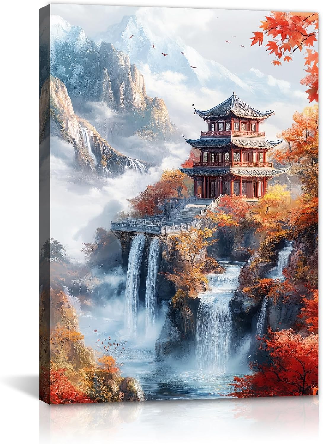 GLOKAKA Japanese Pagoda Canvas Wall Art Asian Waterfall Landscape Painting Oriental Nature Poster Zen Home Decor for Living Room Bedroom Office(Artwork-1,20"x30")