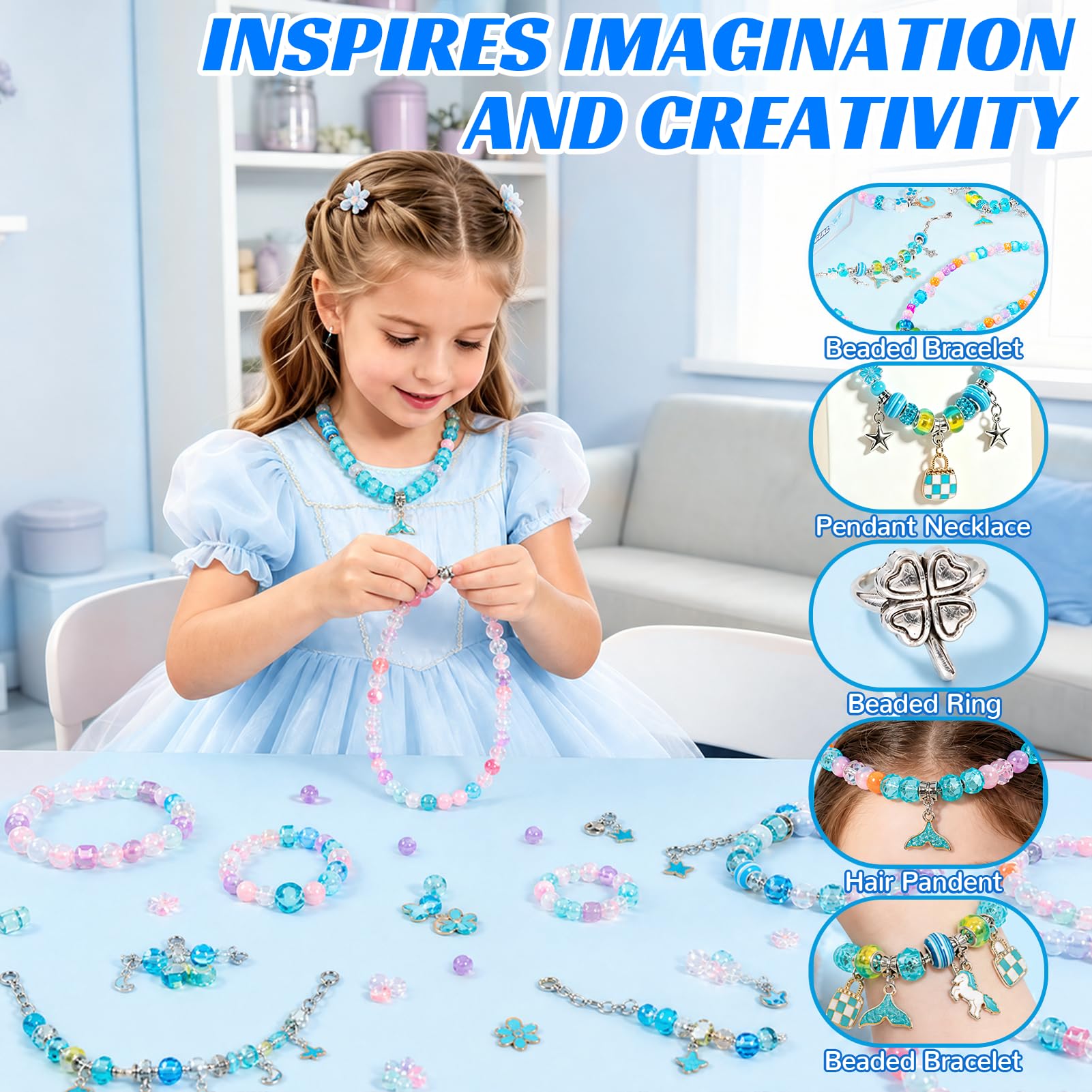 JeeMoien kit creazione braccialetti ciondoli per bambine 5,6,7,8-12, kit braccialetti amicizia con scatola portagioie, regalo compleanno blu per bimbe 6-11 anni