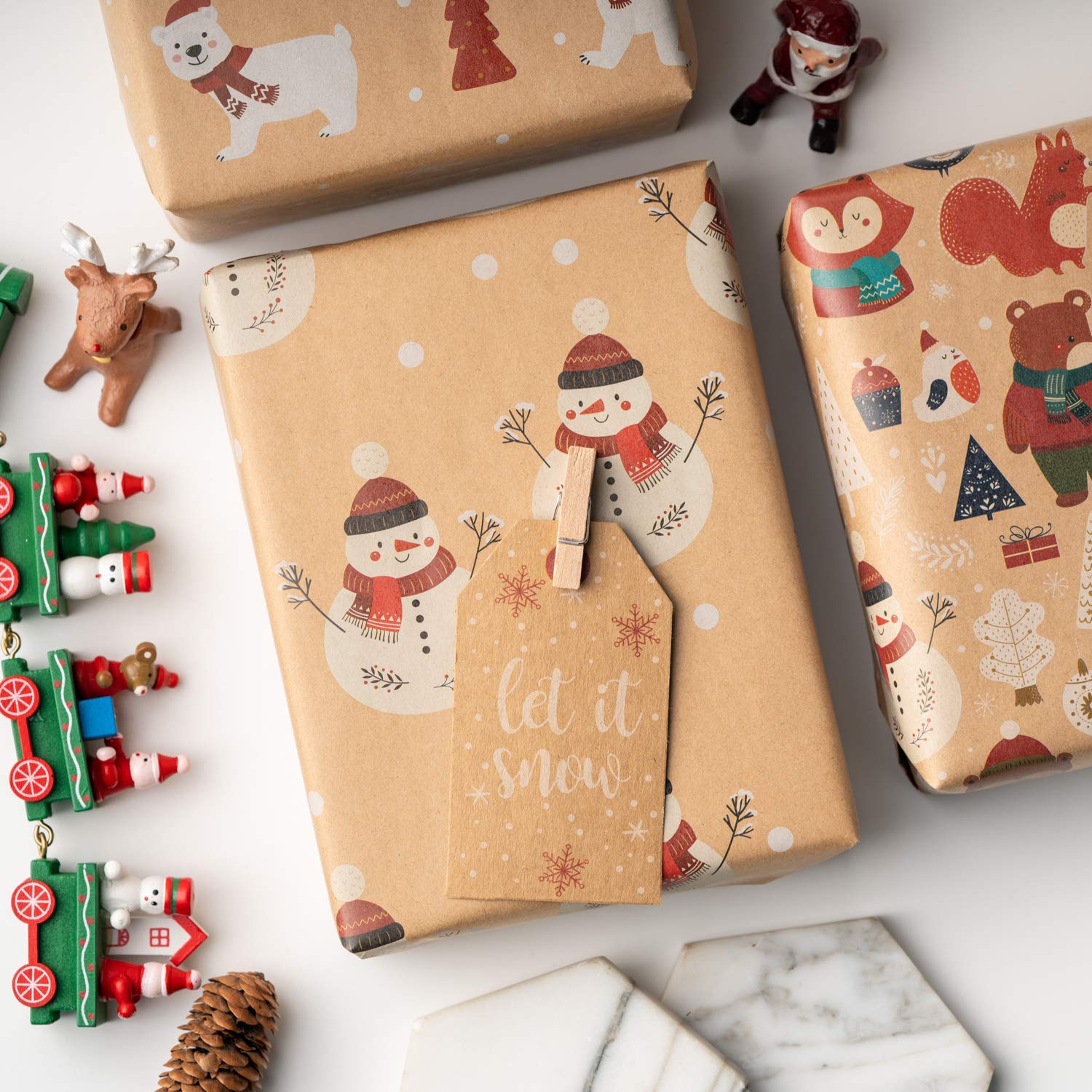 Papier D'Emballage Cadeau Kraft Noël - Motifs Sapin, Rennes, Flocons Or - 6 Feuilles 44.5x76cm - 5
