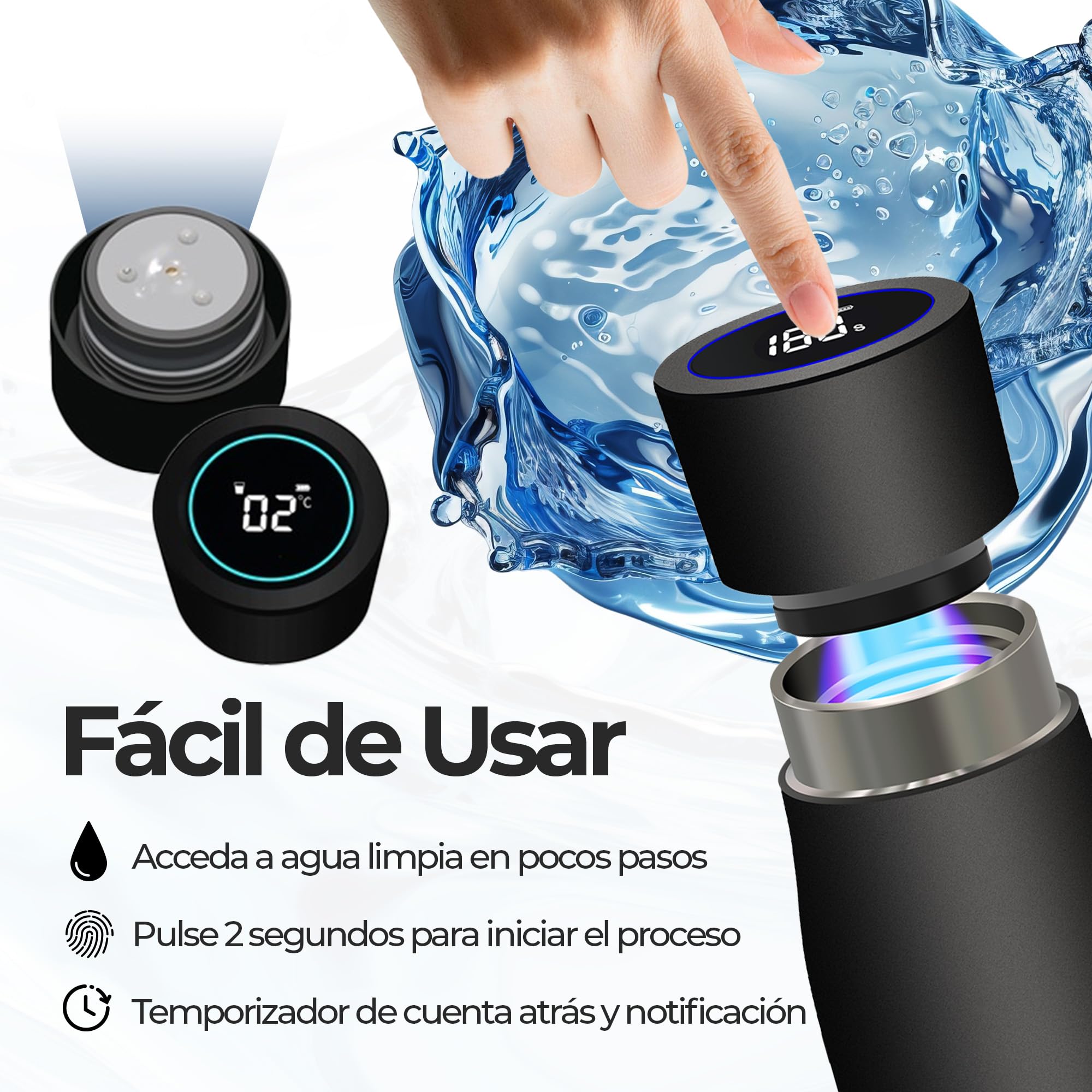 Iconique Botella De Acero Inoxidable Con Filtro UV De | 500ml | Negro | Filtro De Agua Autolimpiante, Tapa Con Indicador De Temperatura LED, Función De Recordatorio Para Beber