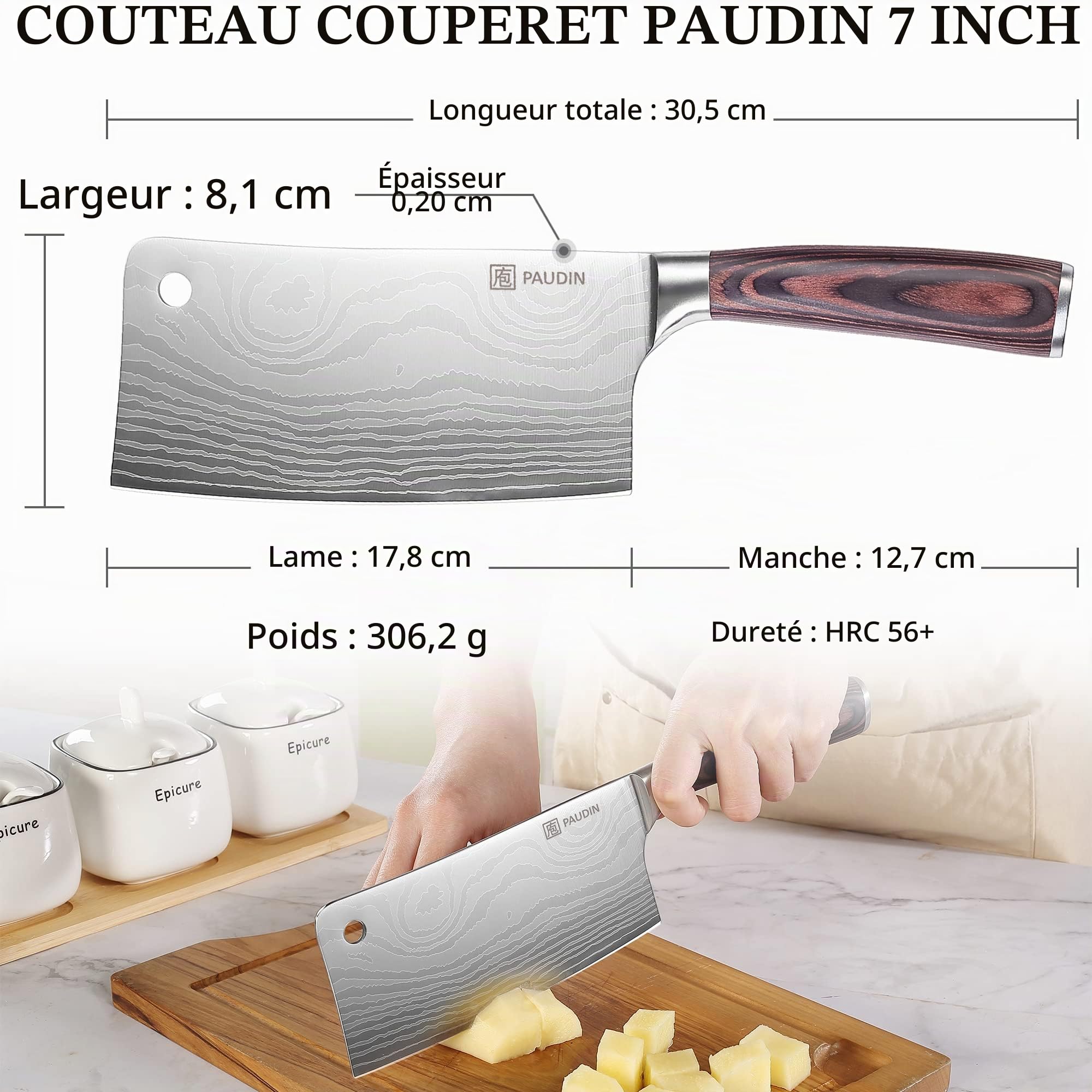 PAUDIN Couperets, Couteau de Cuisine Chinois, Couperets à viande 17 cm, en Acier Inoxydable Allemand avec Poignée en Bois, Couteaux de Chef Adapté aux Fruits, Légumes et Viande