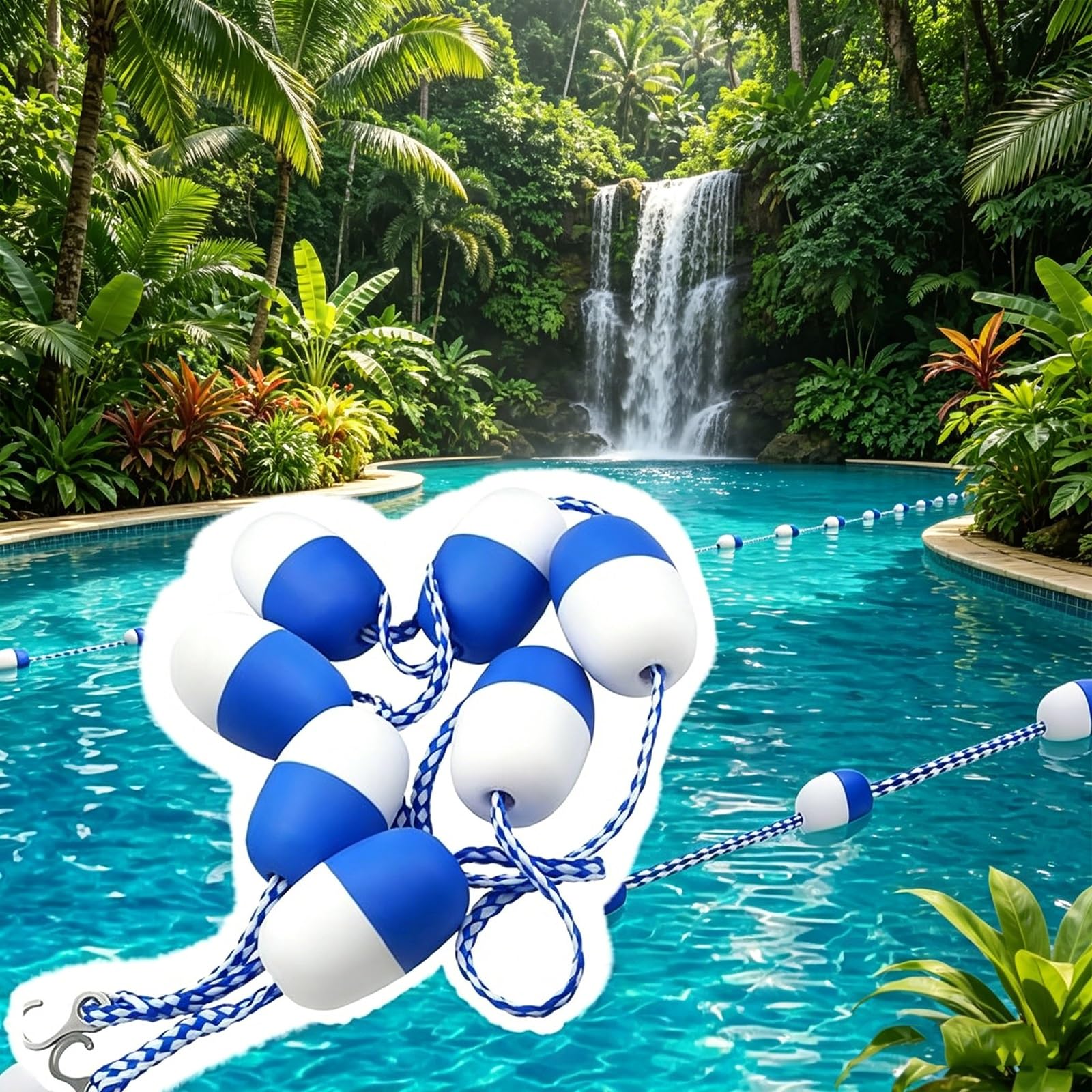 Corda di sicurezza per piscina da 80,8 m, con 2 ganci in acciaio inox preassemblati, corda intrecciata in polimero, per piscine interne ed esterne, profondità di separazione