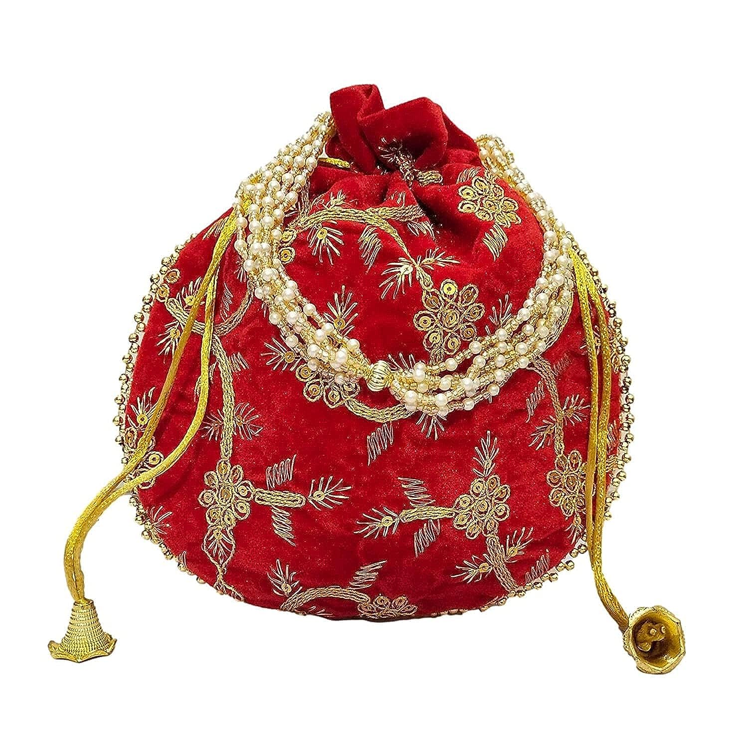 ATHZ Potli Bag for Ladies Velvet Golden Work Multi-Color Wedding Potli Dark Orange Peach Red Pink 2
