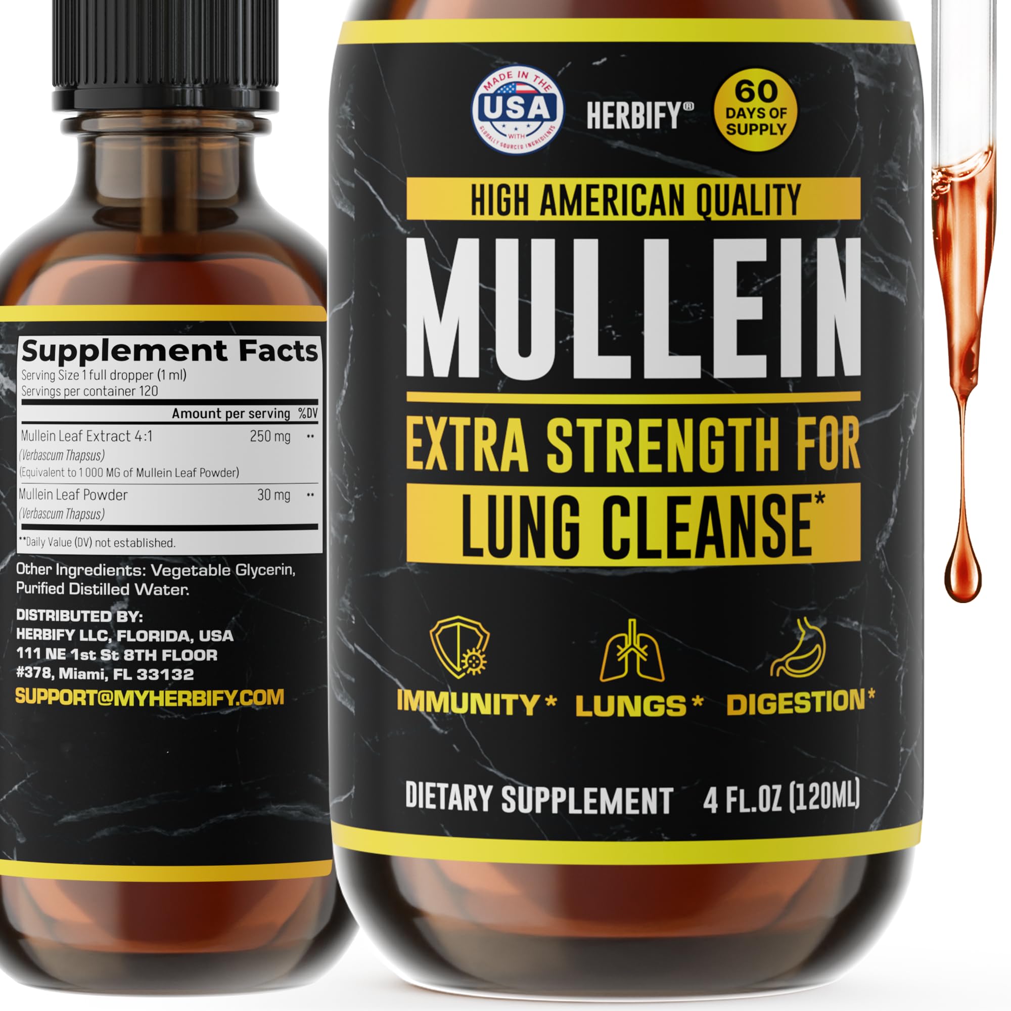 HERBIFY Mullein Drops - Lung Cleanse - Leaf Extract - Powerful Mullein for Immune Support,Detox & Respiratory Support - Made in USA - Lung Cleanse for Smokers - 4 OzUSDA Organic