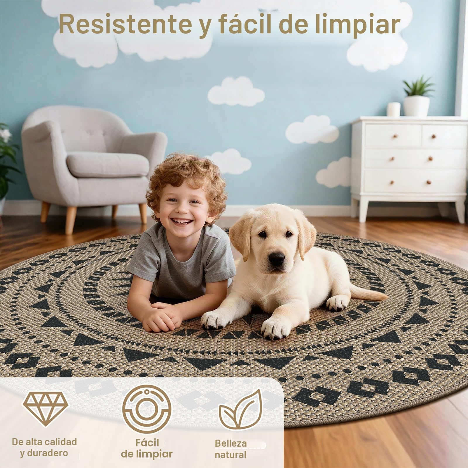 Alfombra Redonda de 160 cm de diámetro, Aspecto de Yute, Alfombra Antideslizante, Alfombra Lavable, empaque Plegable, Alfombra Redonda para Dormitorio, Sala de Estar y balcón