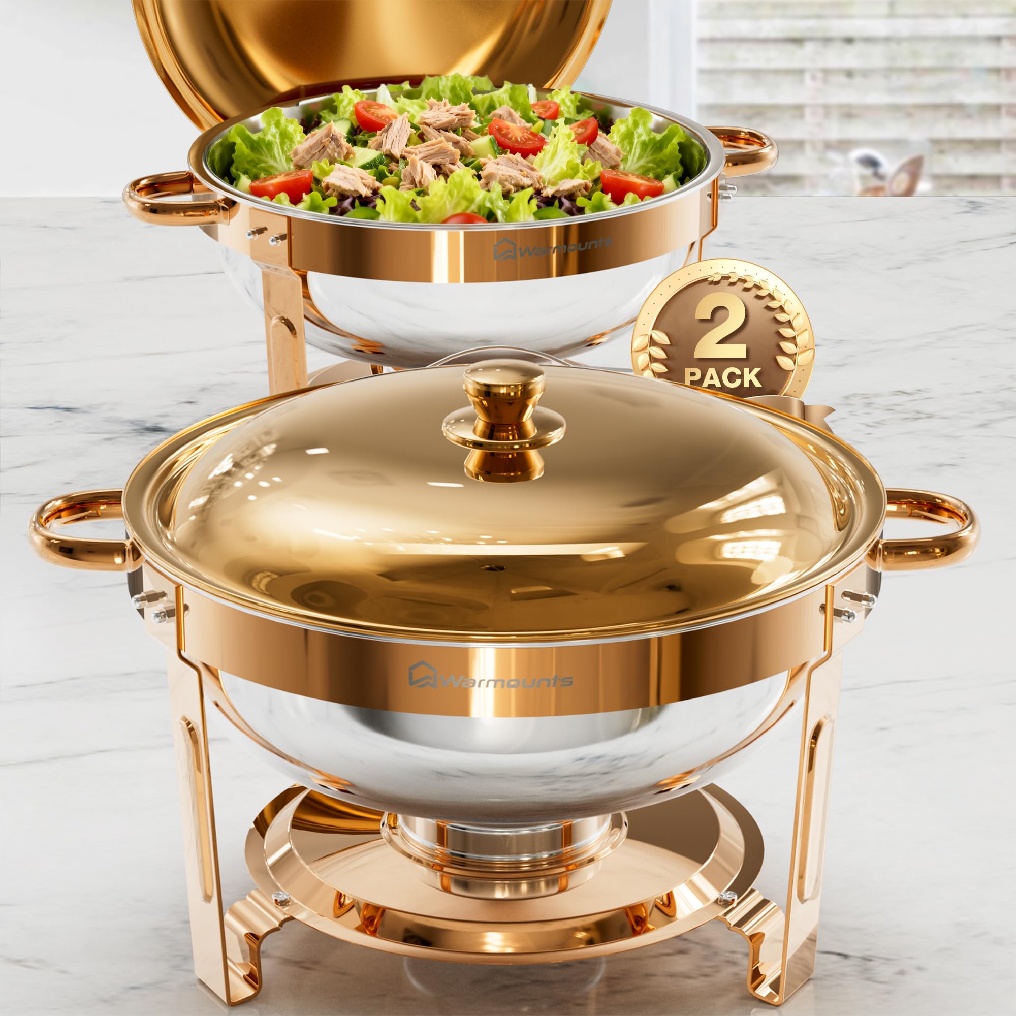 WARMOUNTS Rose Gold Chafing Dish Buffet Set 2 Pack 5L Round Food Warmer with Lid Holder Food Grade Stainless Steel Chafer for Parties Catering Weddings Events