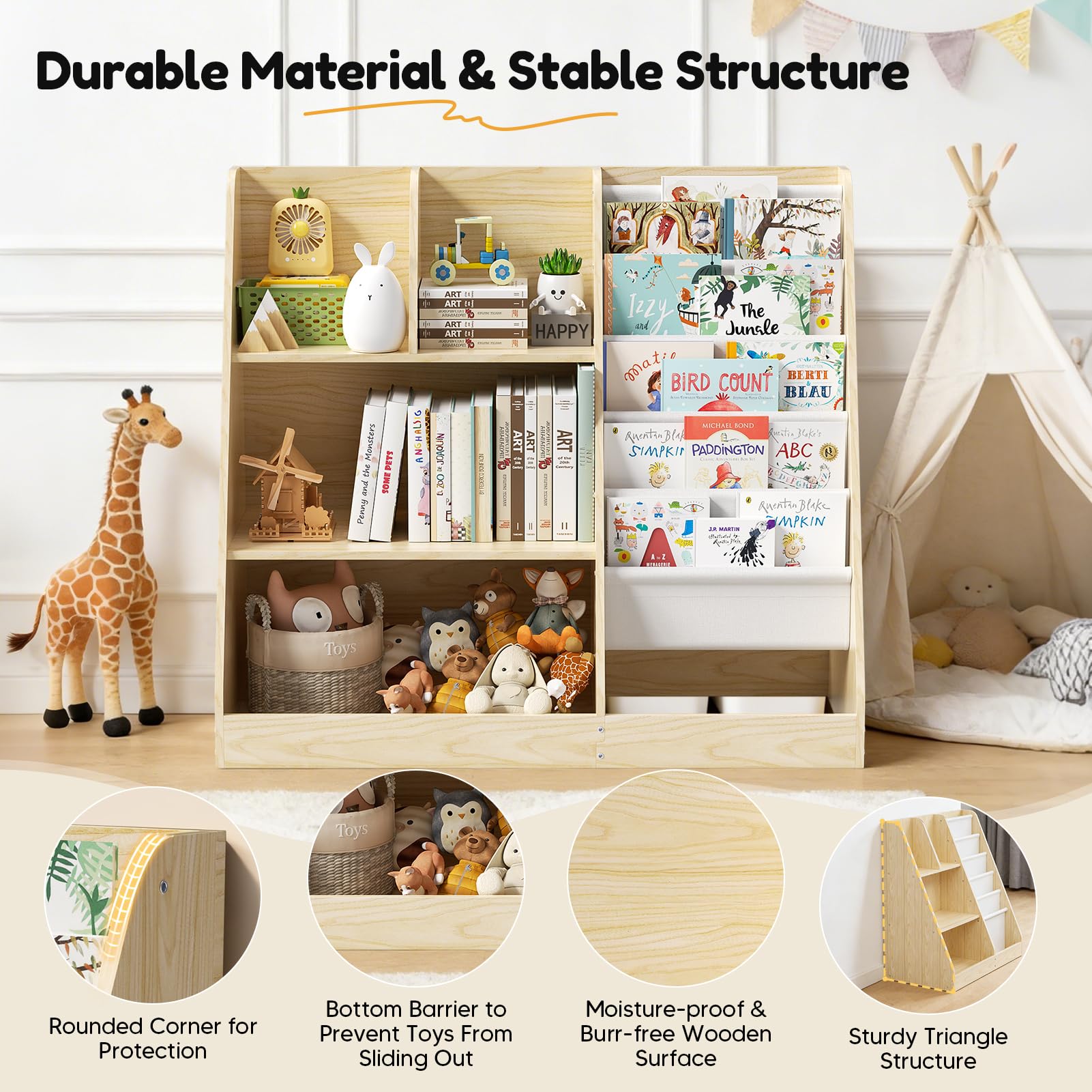 Libreria per bambini, a 5 ripiani, con 4 scomparti aperti, libreria in legno per bambini, camera da letto, sala giochi, aula e asilo nido
