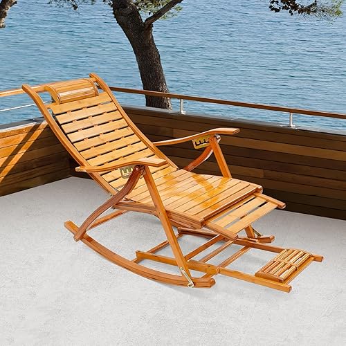 Miniatura 4 de Mecedora plegable de bambú, silla reclinable de patio con respaldo ajustable con almohada para reposacabezas, silla de playa al aire libre para
