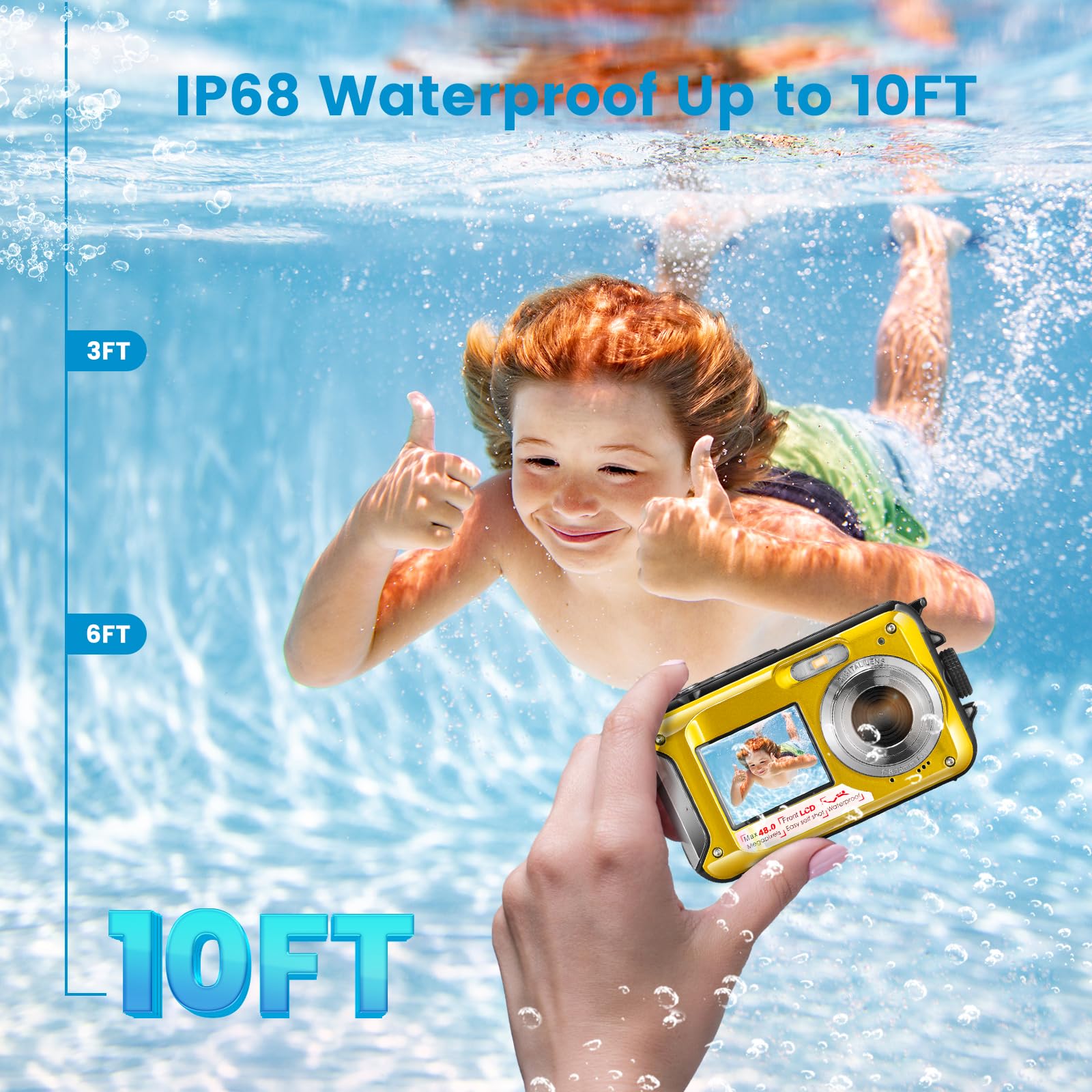 Camara Acuatica, 10 pies 1080P Full HD 2.7K 48MP Camara Sumergibles 16X Digital Zoom Cámara Impermeable Digital con Pantalla Dual para Selfie Bajo el Agua Natación Buceo