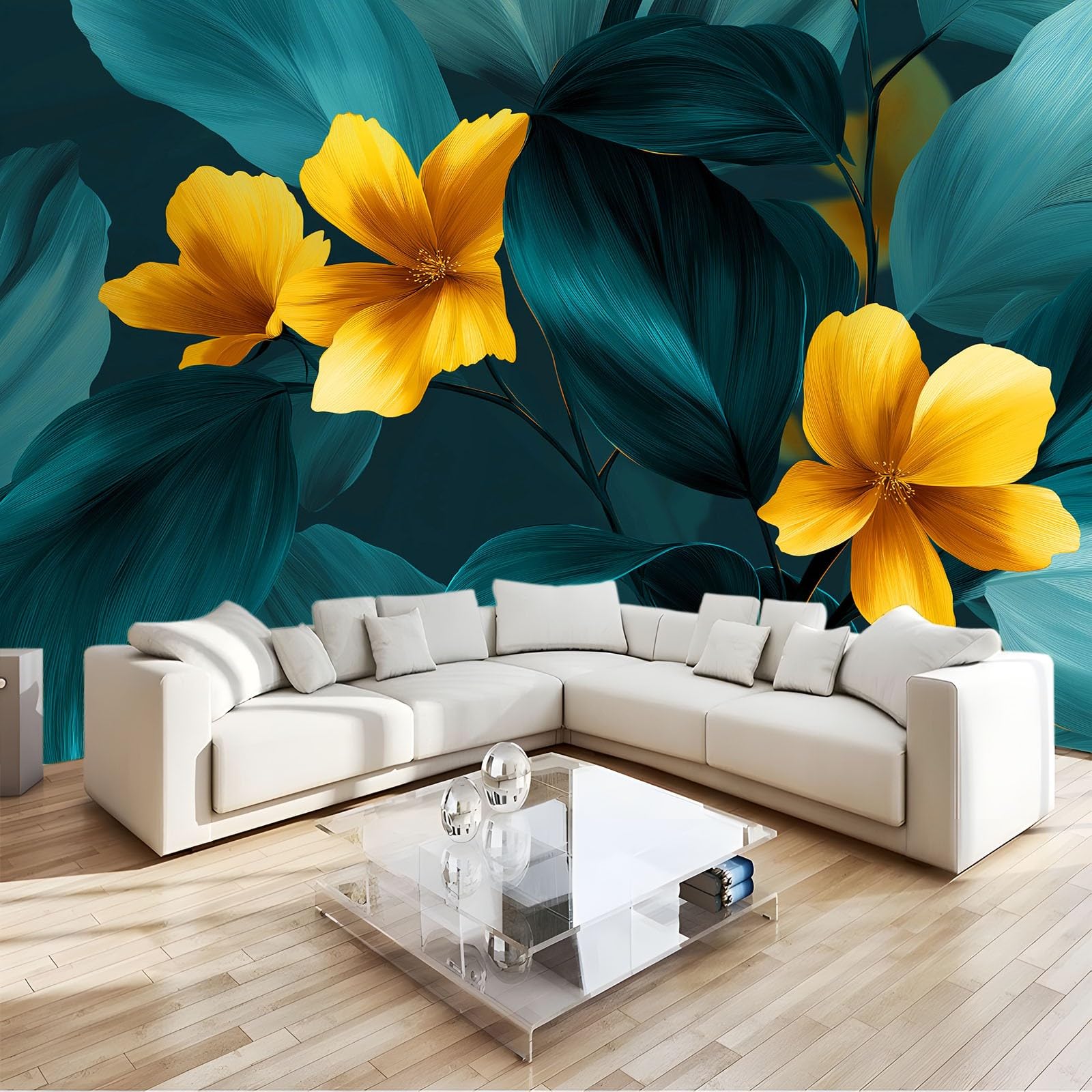 Panoramiczna tapeta 3D 350 x 256 cm elegancja rośliny kwiaty liście tapeta z włókniny, duży plakat ścienny do salonu, dekoracji pokoju dziecięcego, łatwy montaż, ciemnoniebiesko-ciemnozielony