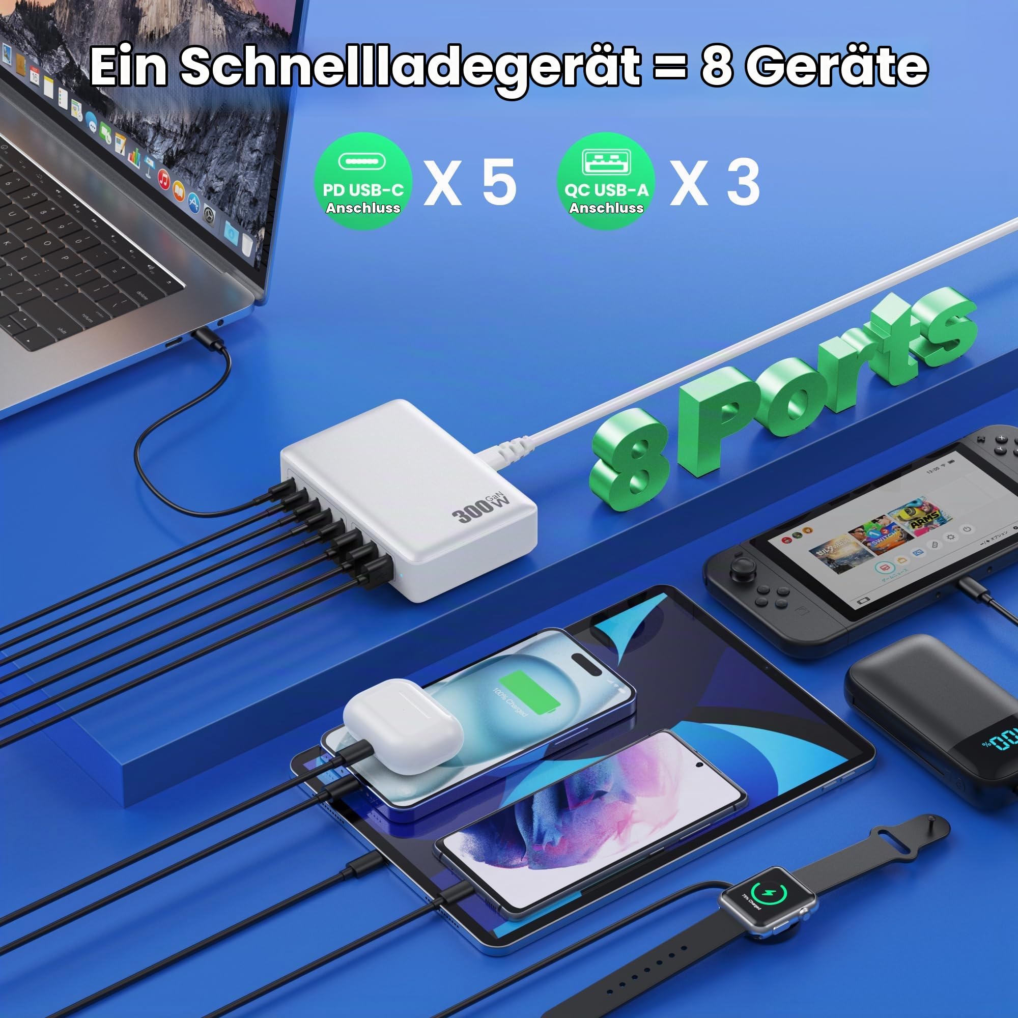 300W USB C Ladegerät Mehrfach, 8 Ports Schnellladegerät Ladestation Mit 5 USB-C und 3 USB-A Charger PD PPS 100W Netzteil für Laptop, MacBook, iPad, iPhone 16/15/14...Sumsung usw-Weiß