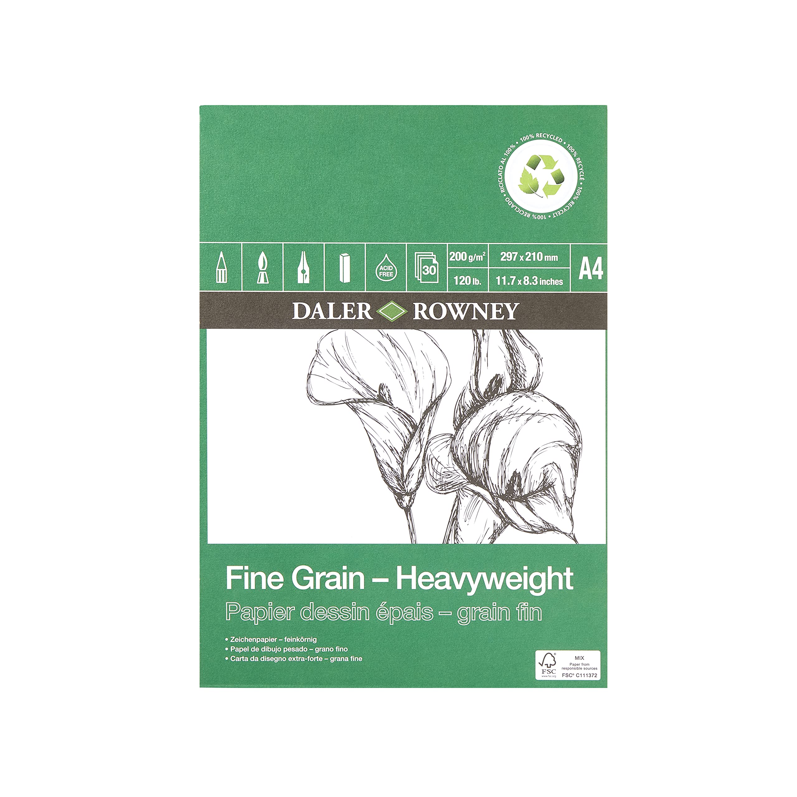 Daler Rowney Fine Grain Lightly Textured 200 gsm A4 Eco-Friendly Drawing Paper Pad, Glued 1 Side, 30 White Heavyweight 30 Sheets, Ideal for Professional Artists