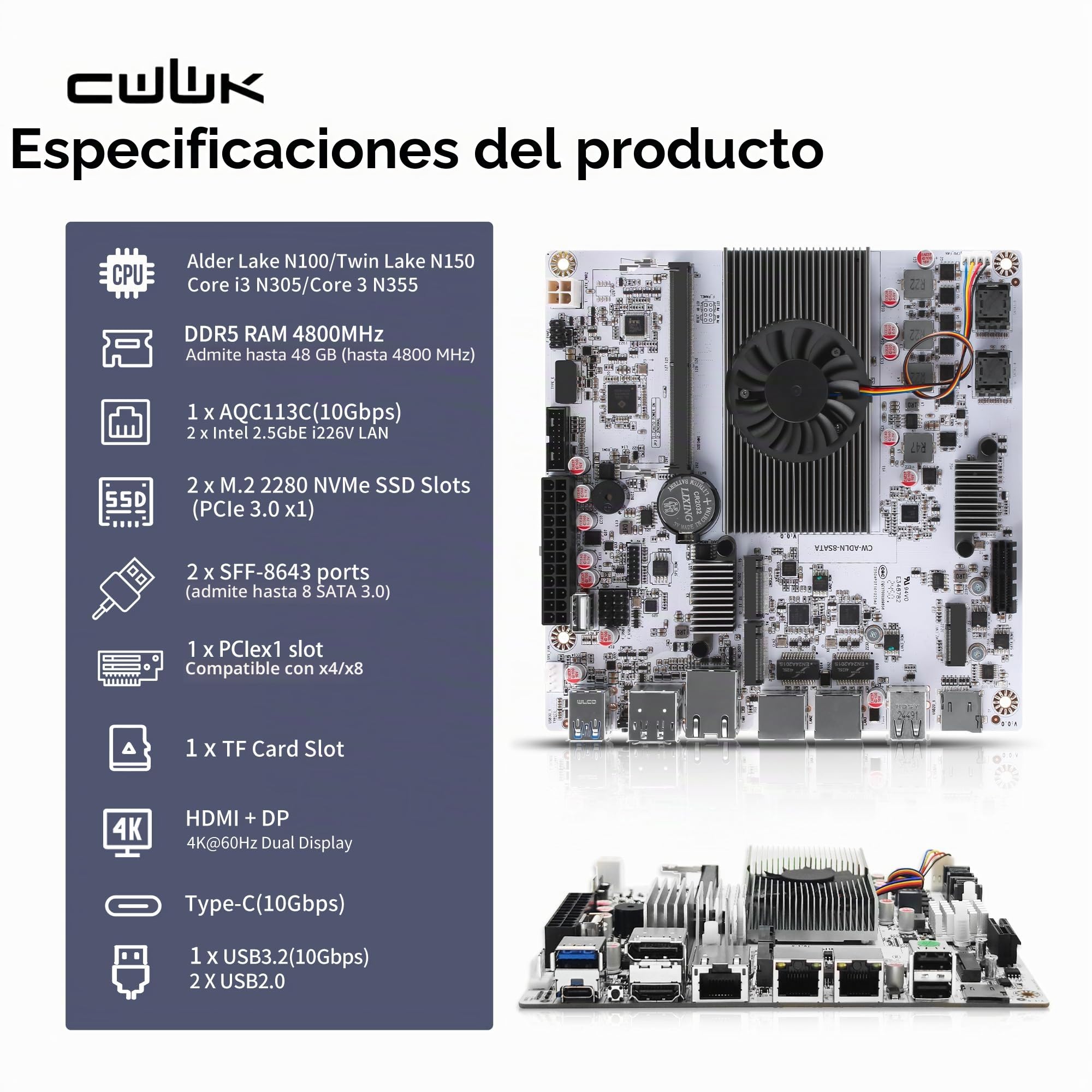 CWWK NAS Motherboard 8 Bay con 10GbE RJ45 LAN, N150 CPU Mini ITX Placa Base Blanca M8 (N100 Upgrade), 2 x NVMe, Dual 2.5Gb Ethernet, M.2 WiFi, USB-C, DDR5 NO RAM/SSD, PCIe x1, TF