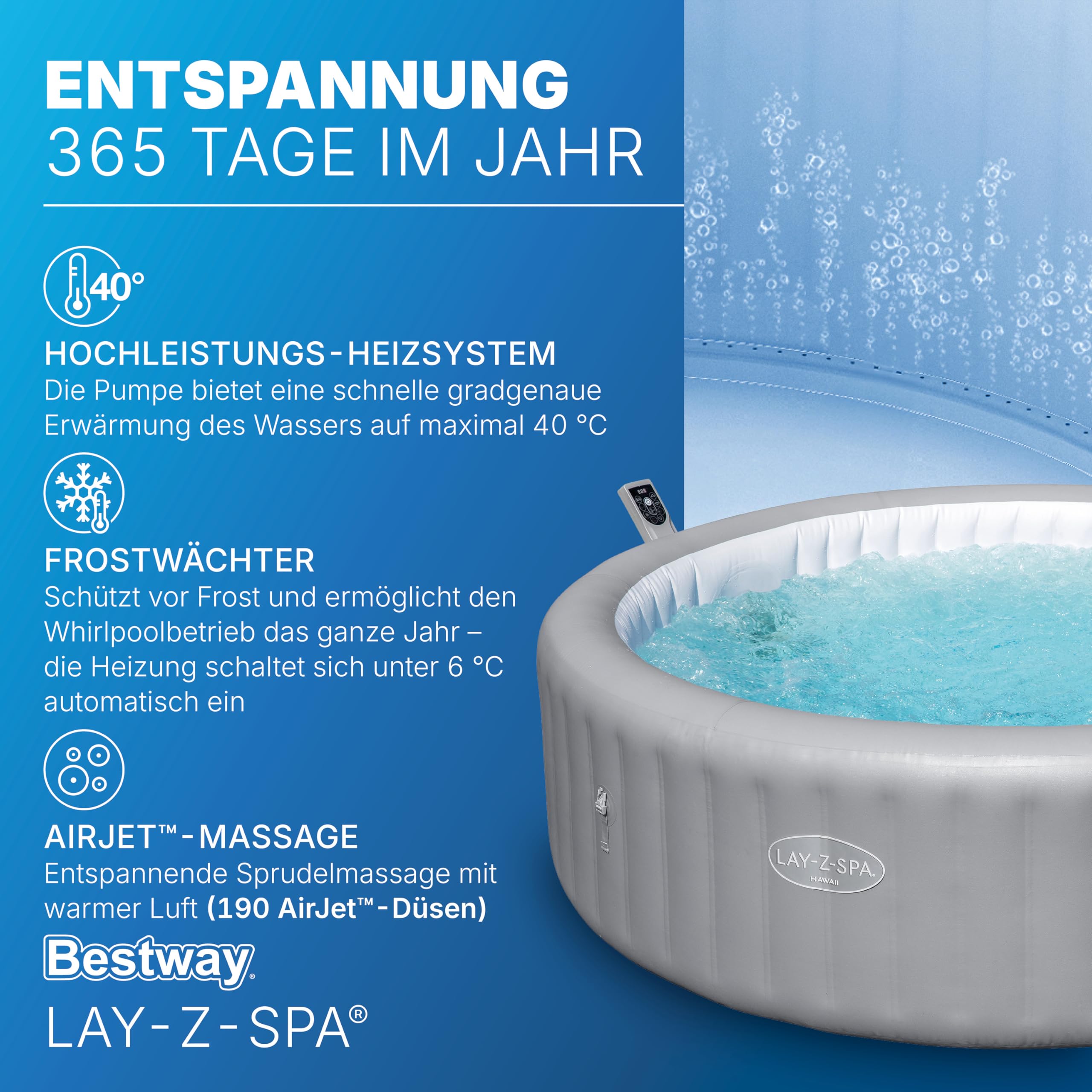 Bestway Lay-Z-Spa Hawaii AirJet Whirlpool Ø236 x 71 cm – Aufblasbarer Outdoor Jacuzzi für 8 Personen, 190 AirJet Düsen, EnergySense Dämmung, App-Steuerung, Heizung 40 °C, Frostwächter, TriTech PVC