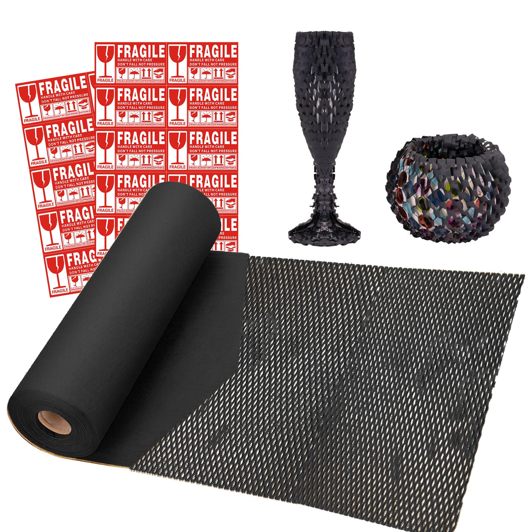 LarcencielHoneycomb Packing Paper Roll 15"x98' w/Fragile Stickers, Cushioning Kraft Black Wrapping Paper, Biodegradable Packing Material Alternative to Bubble Wrap for Moving Packing Filler Shipping