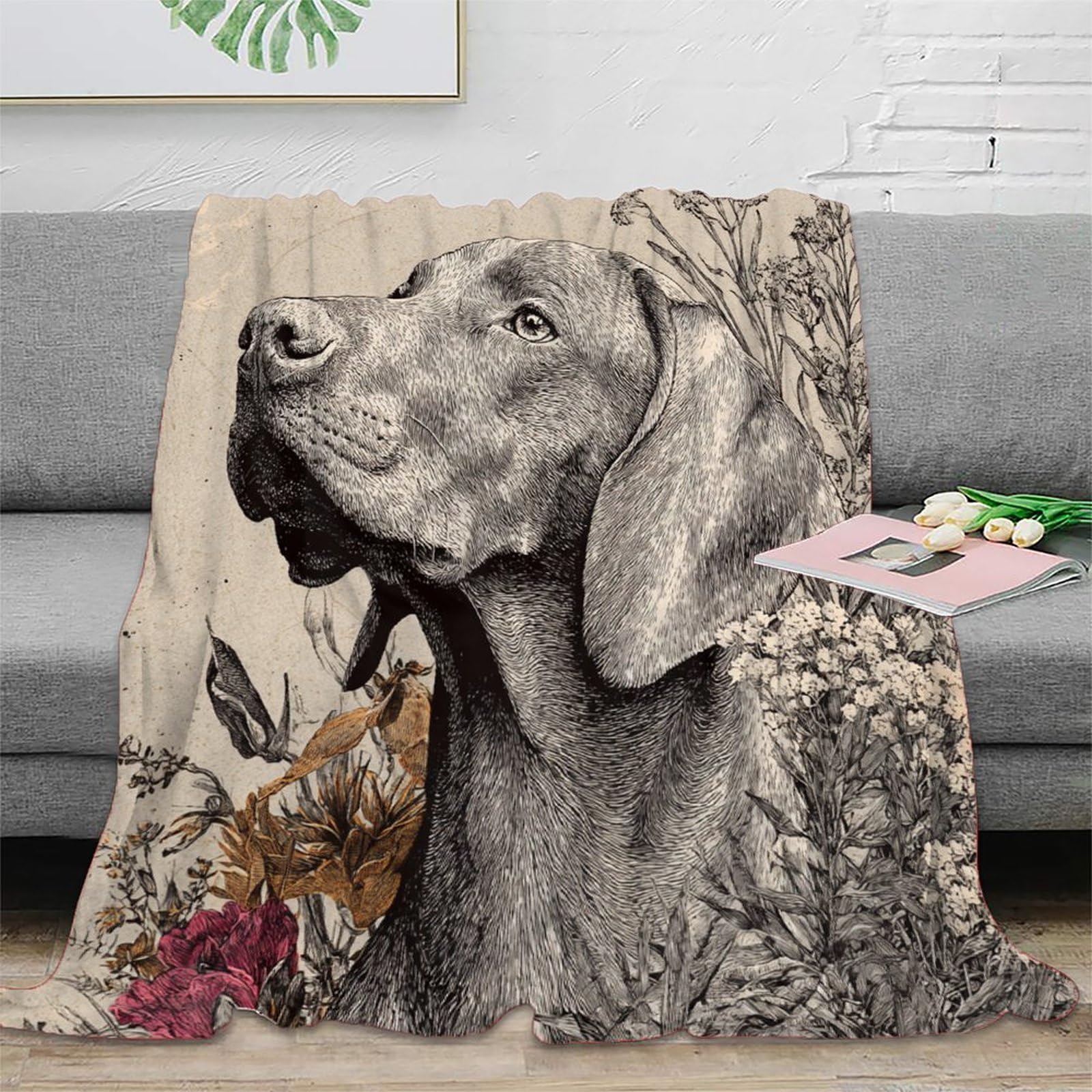 Couverture polaire microfibre 150x200 portrait chien gravure vintage