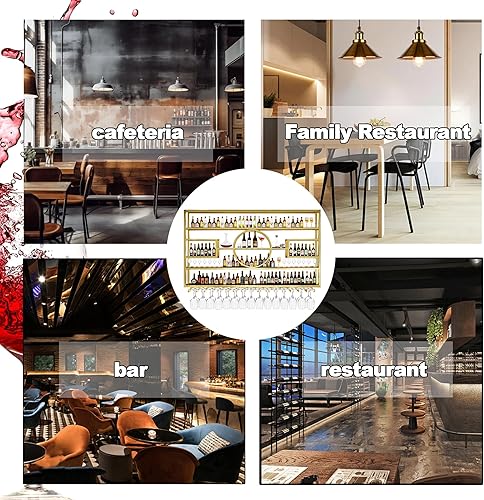 Miniatura 7 de Estante de vino de 47 pulgadas montado en la pared, estante de exhibición de botellas de vino colgantes de gran capacidad con soporte para vasos,