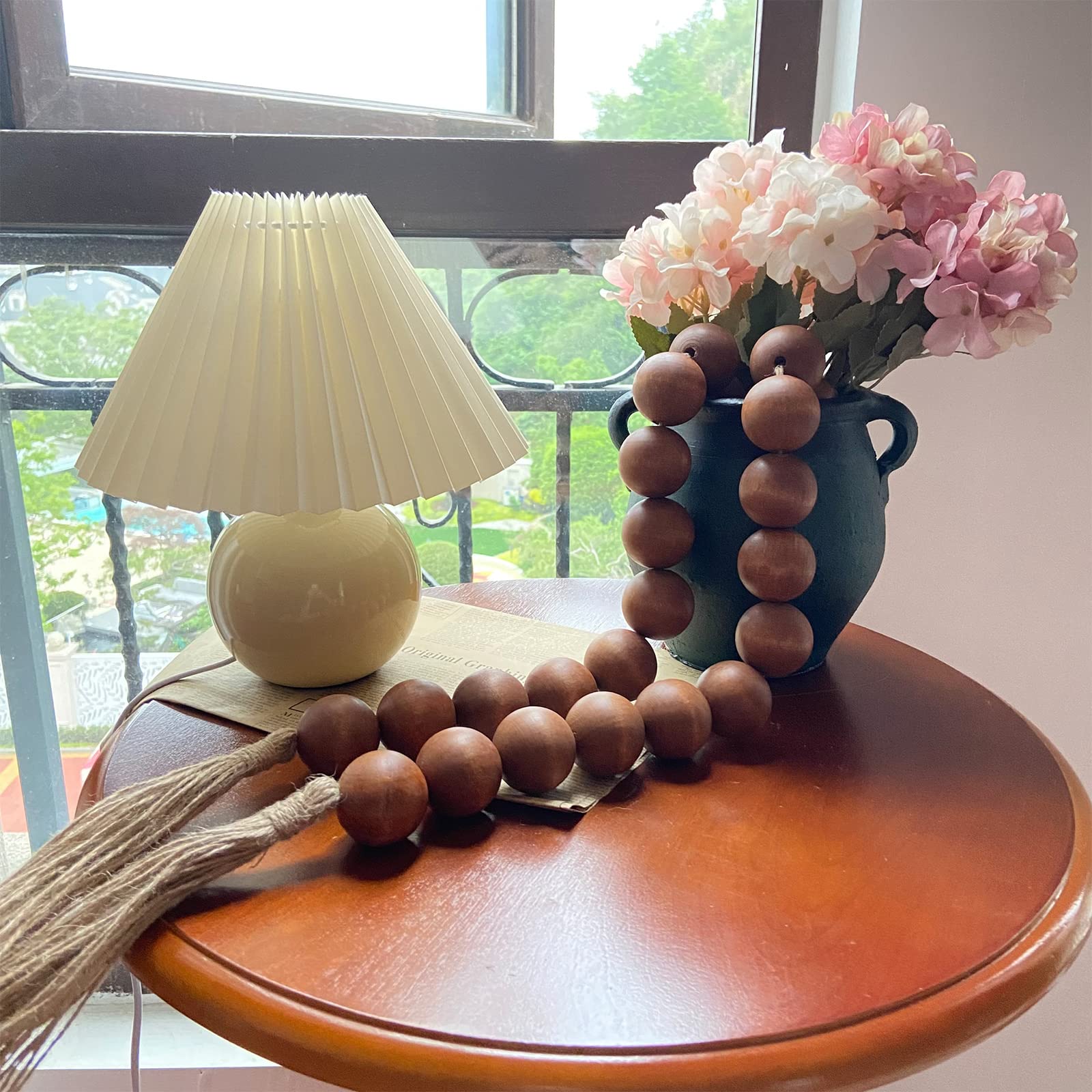 Grande Guirlande De Perles En Bois Noir De 127 Cm De Long Avec Perles De 4,1 Cm De Diamètre, Guirlande De Perles En Bois Décorative Bohème Pour Table Basse, Plateau à étages