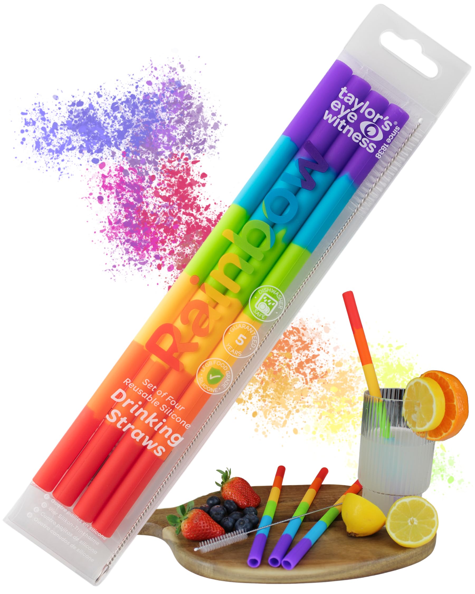 Taylors Eye Witness Set of 4 Reusable Drinking Straws - 25cm Silicone Straw Set with Cleaning Brush. Compatible with Most Cups & Tumblers. Soft, Comfortable to Use & Dishwasher Safe. Rainbow Colour