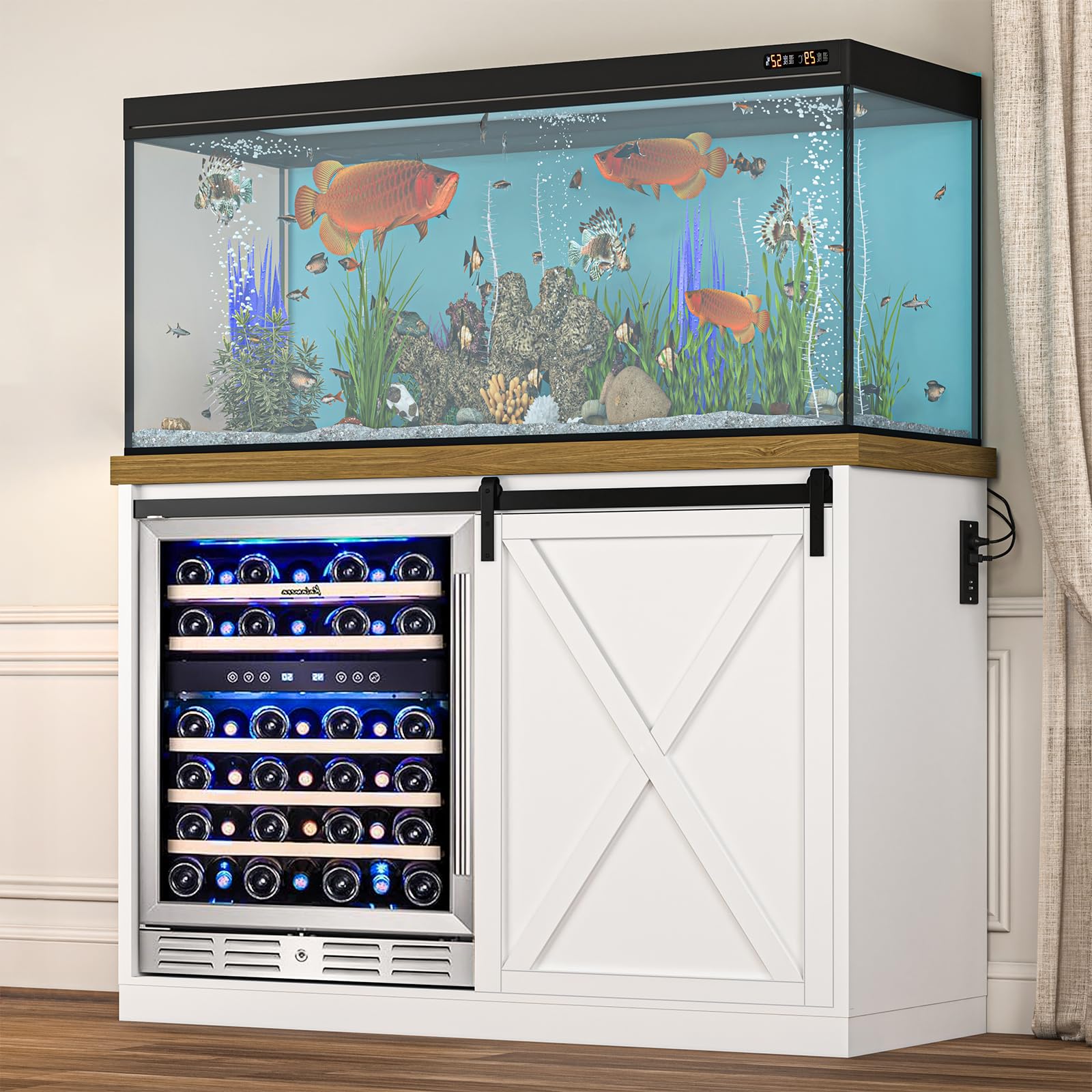 49.2'' Mini Fridge Cabinet with Storage, Farmhouse Coffee Bar Cabinet with Mini Fridge Space and Power Outlet, Liquor Cabinet with Wine Storage &amp; Glass Holder for Dorm, Living Room, White