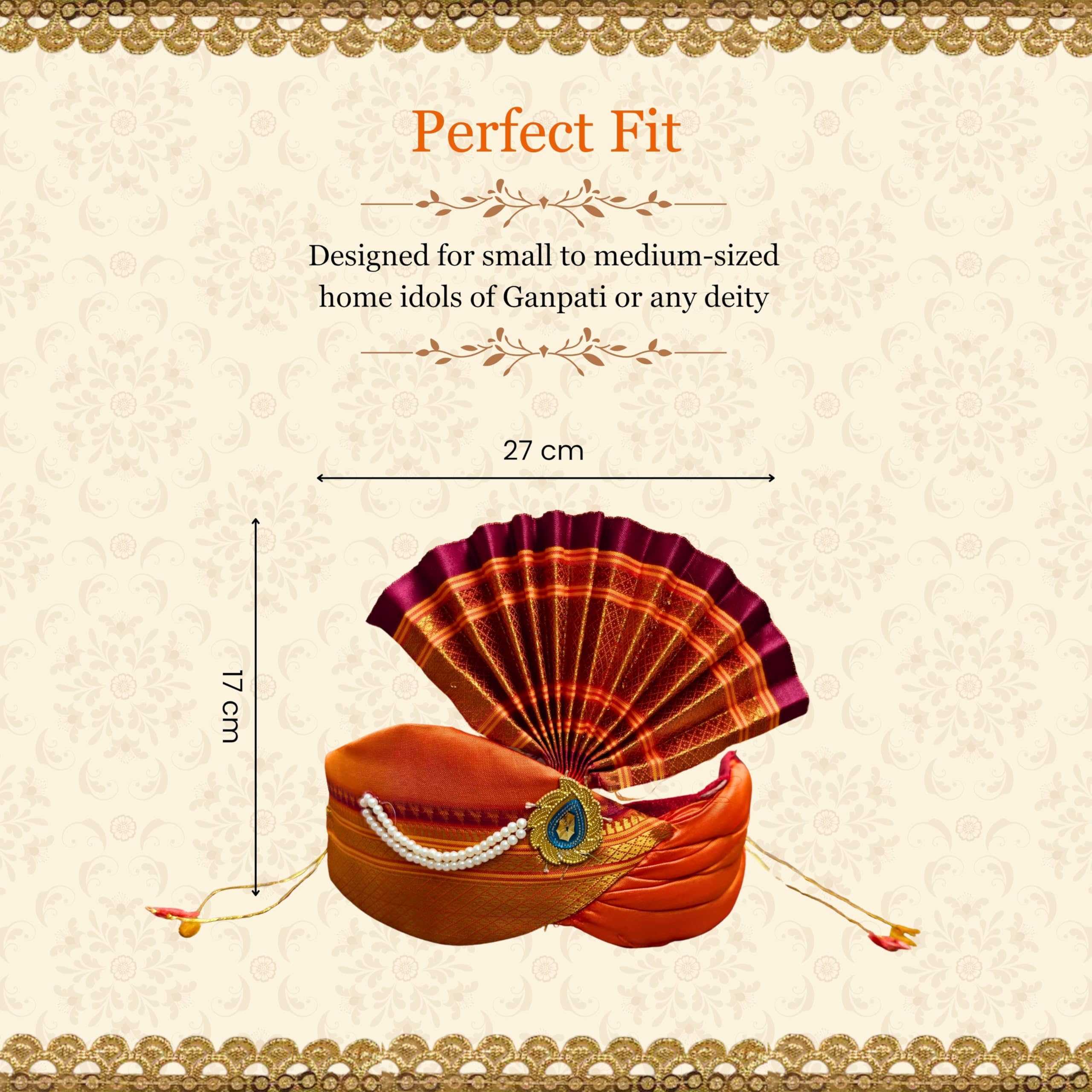 PUNYATVA Ganesh Feta Mukut (Turban, Silk, Orange) / Adjustable Ganesh Pheta, Gauri Ganpati Festival Decoration Accessories, Jewellery, Crown, Makhar, Traditional Pagdi, God Idol Headgear 2