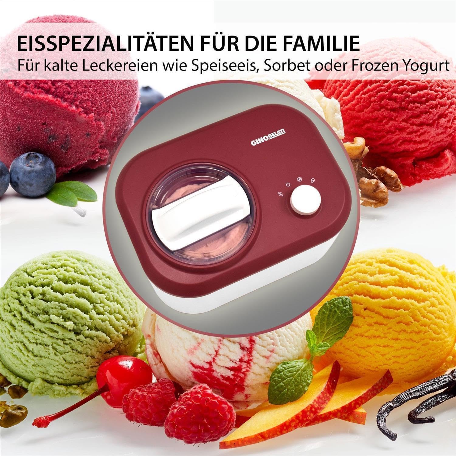 Gino Gelati Eismaschine mit Kompressor Polari Eiscreme Maschine Eisbereiter, 1 Liter, leichte Reinigung, Weiß/Rotes Design, 100 Watt Leistung, 8 Kg Gewicht