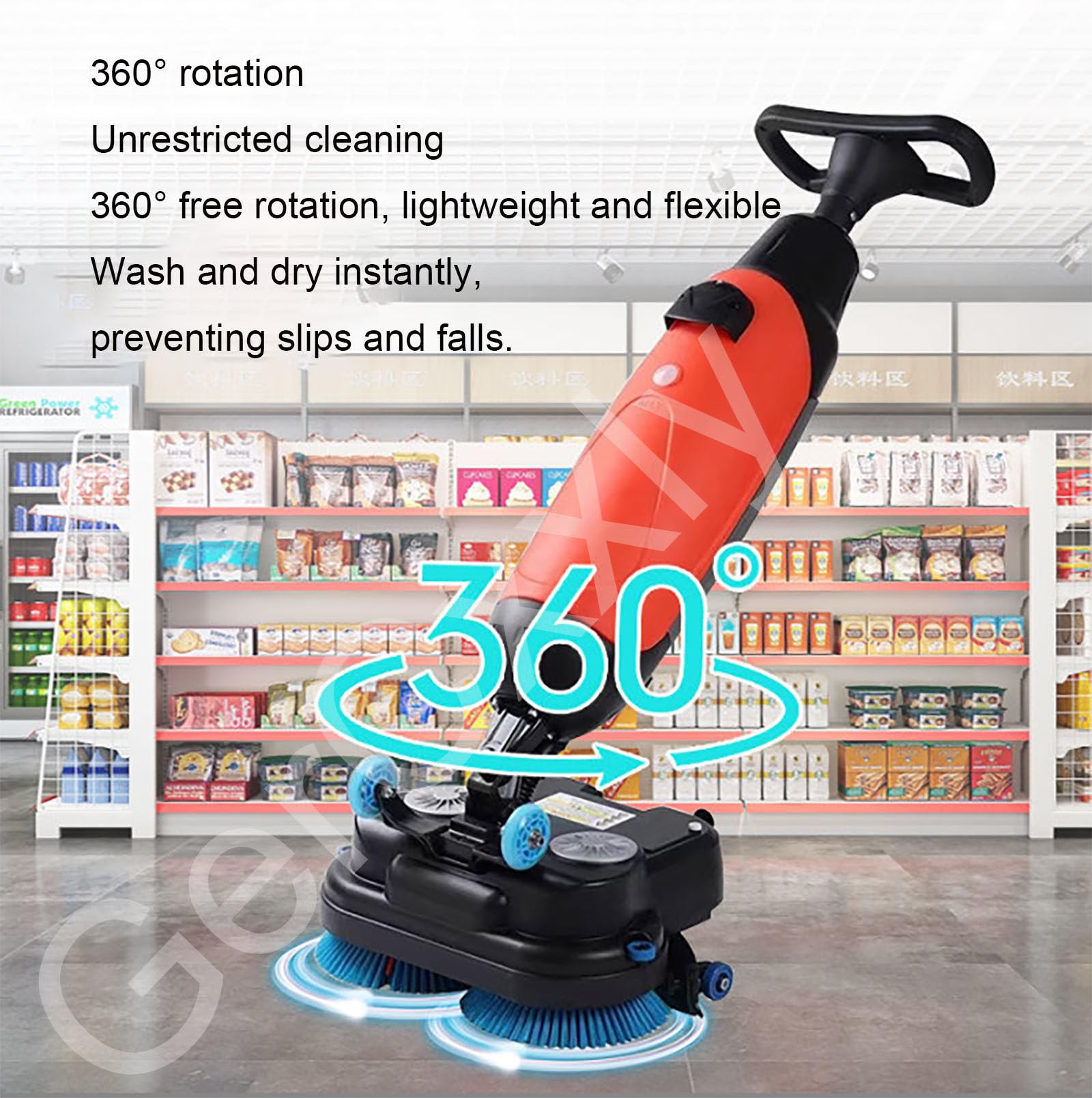 Elektryczna szorowarka do podłóg komercyjnych, domowe środki czyszczące do podłóg, szczotka dwugłowicowa o szerokości czyszczenia 43 cm, obrotowa o 360°, samojezdna, wygodna bezprzewodowa