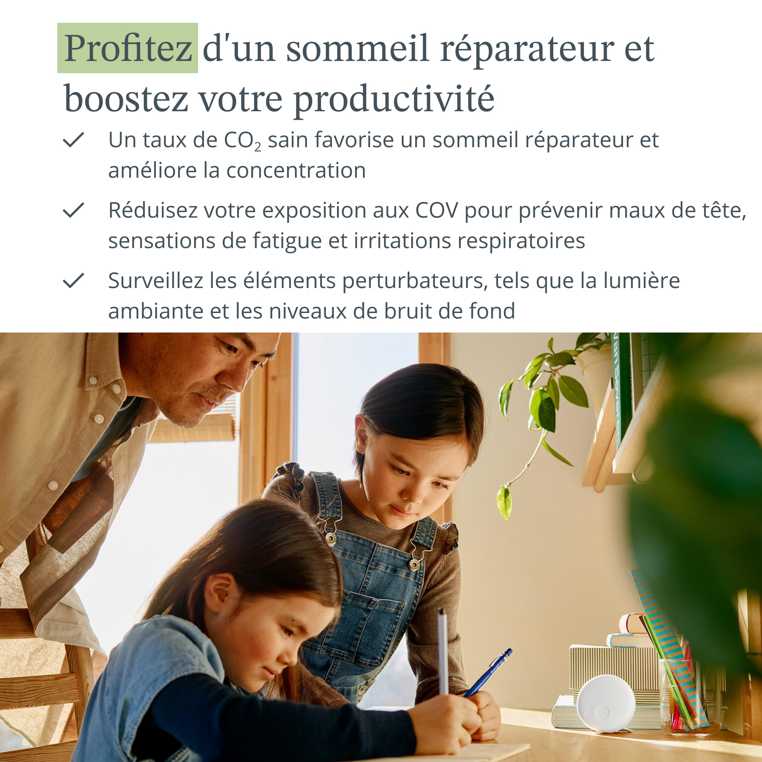 Airthings 321 Wave Enhance - Moniteur de qualité d'air intérieur pour CO2, COV, humidité, température, pression, capteurs de bruit et lumière - Contrôle les conditions de sommeil et de concentration