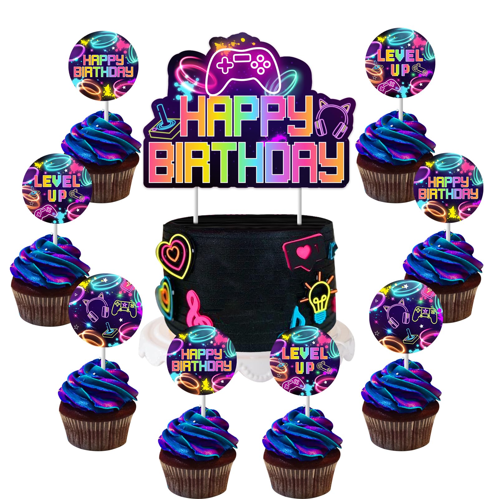 kreat4joy Video Game Cake Cupcake Toppers, Level Up Video Game Party Decorations Happy Birthday Cake Cupcake Toppers for Game Theme Kids Birthday