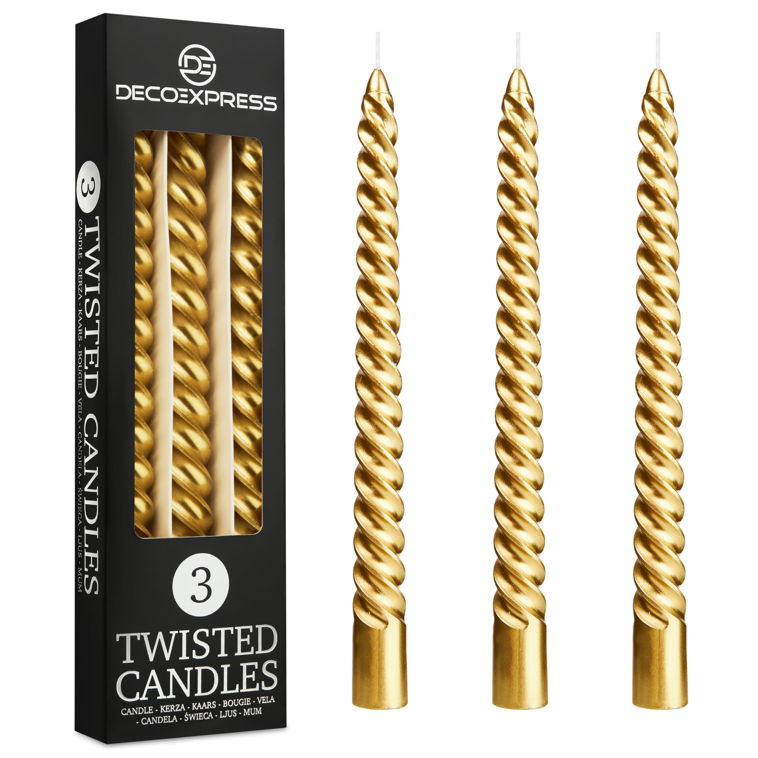 DECO EXPRESSDinner Candles Pack of 3 or 6 Twisted Non Drip Coloured Spiral Candles Long Lasting 6 Hours Burn Non Scented (Gold, Pack of 3)