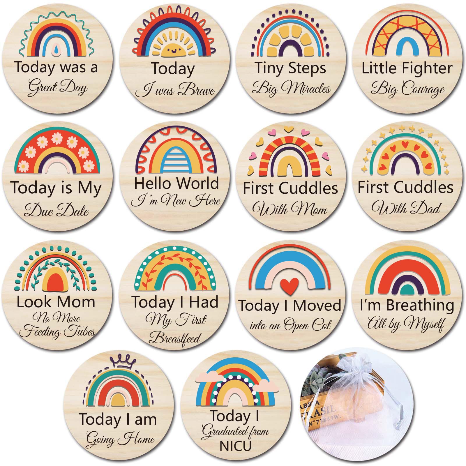 14 Designs NICU Milestone Cards Sign - Reversible Hospital to Home Journey Wooden Photo Props for Preemies, Celebrate NICU Baby's Special Milestone