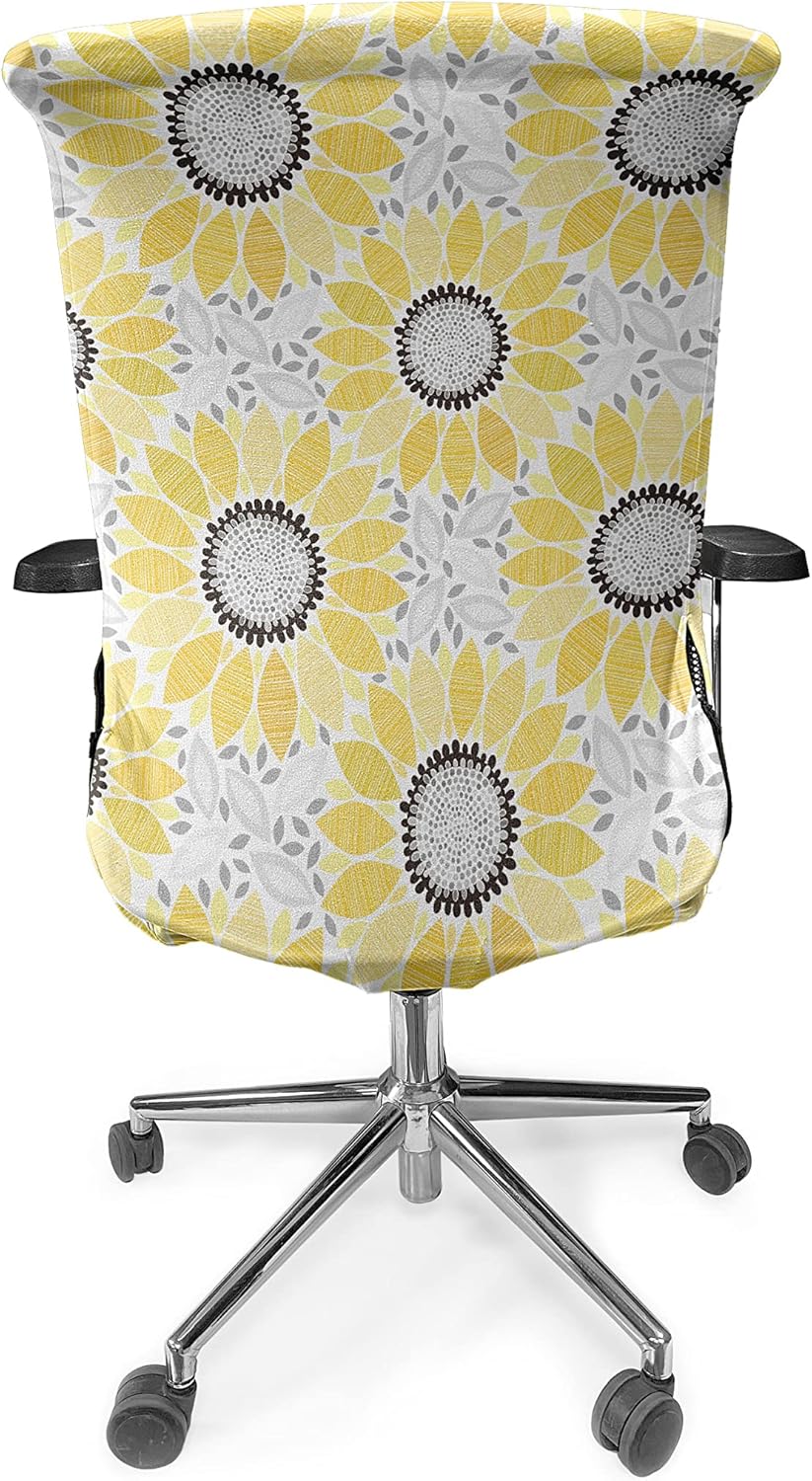 Ambesonne Yellow Office Chair Cover, Colorful Illustration of Sun Flower with Motifs and Patterns Summer Nature Artprint, Stretchable Decorative Universal Size High Back Printed Slipcover, Yellow Grey