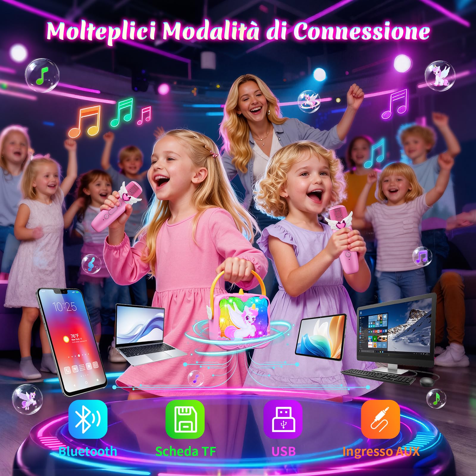 Unicorno Karaoke per Bambini con Luce LED,Regalo Bambina 3 4 5 6-10 Anni Giochi 3-12 Anni Unicorno Bambina Regalo Canta tu Karaoke Microfono Bluetooth Regalo Bimba 3 4 5 Anni Microfono Wireless Natale