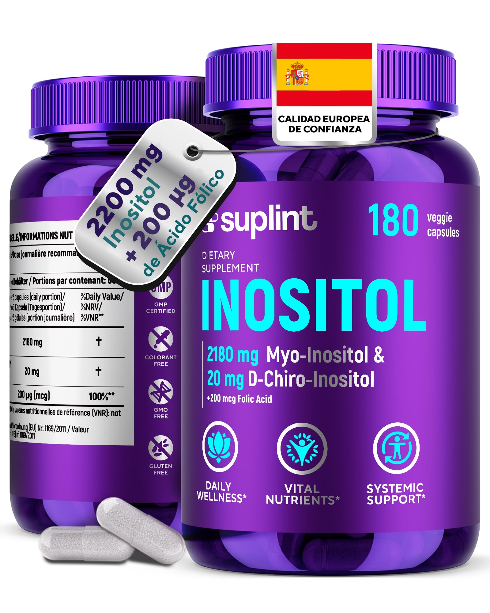 Inositol Myo & D-Chiro (Cápsulas) con Ácido Fólico – 2200 mg por Porción – Apoyo al Ciclo y Equilibrio Hormonal – 180 Cápsulas Veganas – Alta Biodisponibilidad – Suplemento Certificado GMP