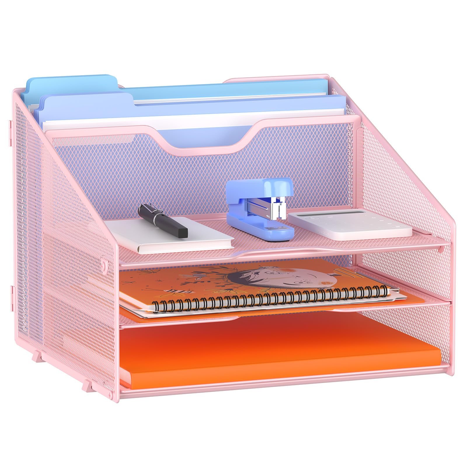 GAWERK Organizer per vassoio delle lettere, organizer da scrivania in rete con 3 vassoi per carta e 2 sezioni verticali verticali (rosa)