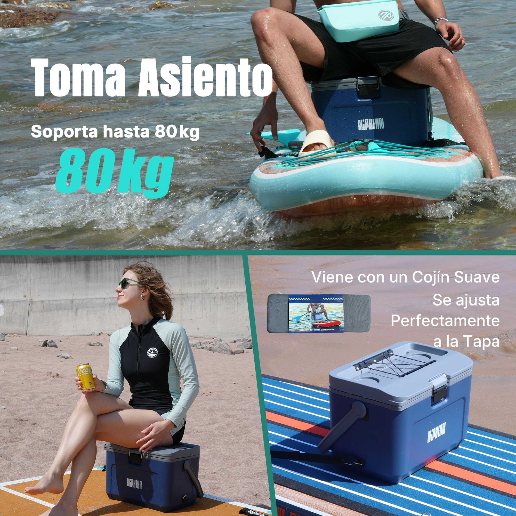 Niphean Caja térmica de tabla de remo aislada de 4 capas, 60 horas de retención de hielo, asiento convertible en tabla de remo con anillo en D, enfriador rígido de kayak de 15 litros para camping