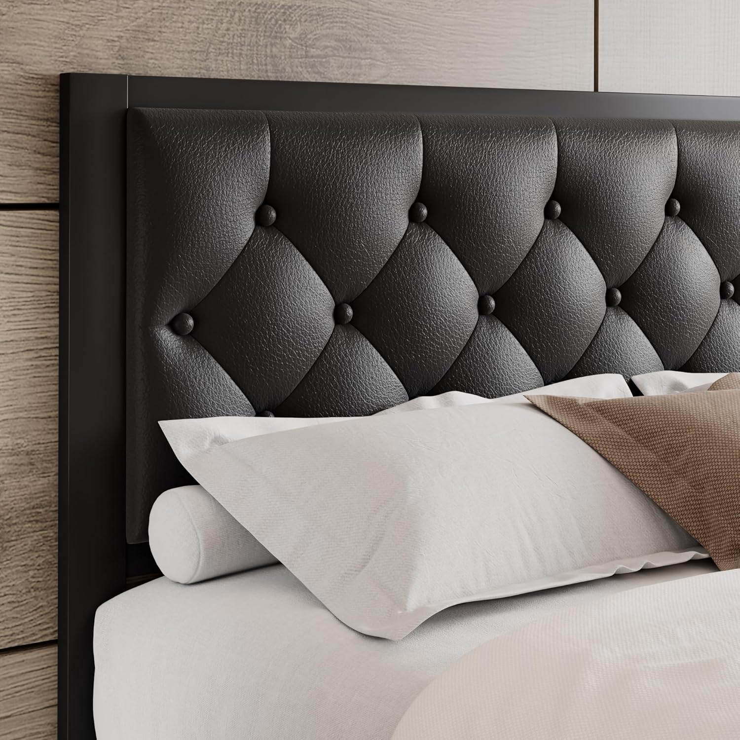 Queen Size Metal Bed Frame, Platform Bed Frame with Button Tufted Faux Leather Headboard, 12" Underbed Storage, Sturdy Steel Slats, Noise-Free, Easy Assembly, No Box Spring Needed, Black