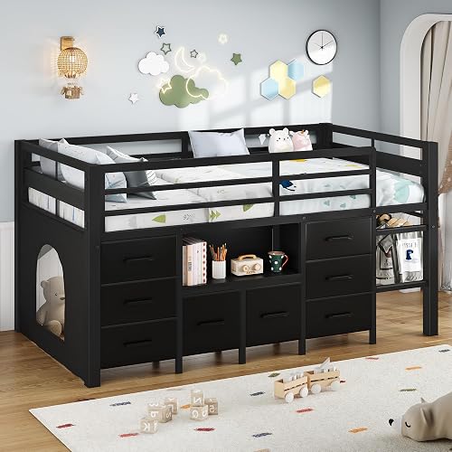 iPormis Low Loft Bed Twin Size with Bookcase, 8 Storage Drawers, Metal Kids Loft Bed with 13 Inch H Safety Guardrail, Play Curtain, Under-Bed Play Space - Black