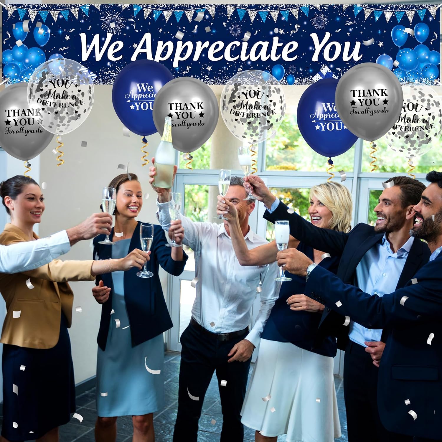 We Appreciate You Decorations Blue Silver Appreciate You Banner Yard Sign with 18 Pcs Balloons Thank You for All You Do Banner Employee Staff Appreciation Gifts Teacher Doctor Appreciation Party Decor