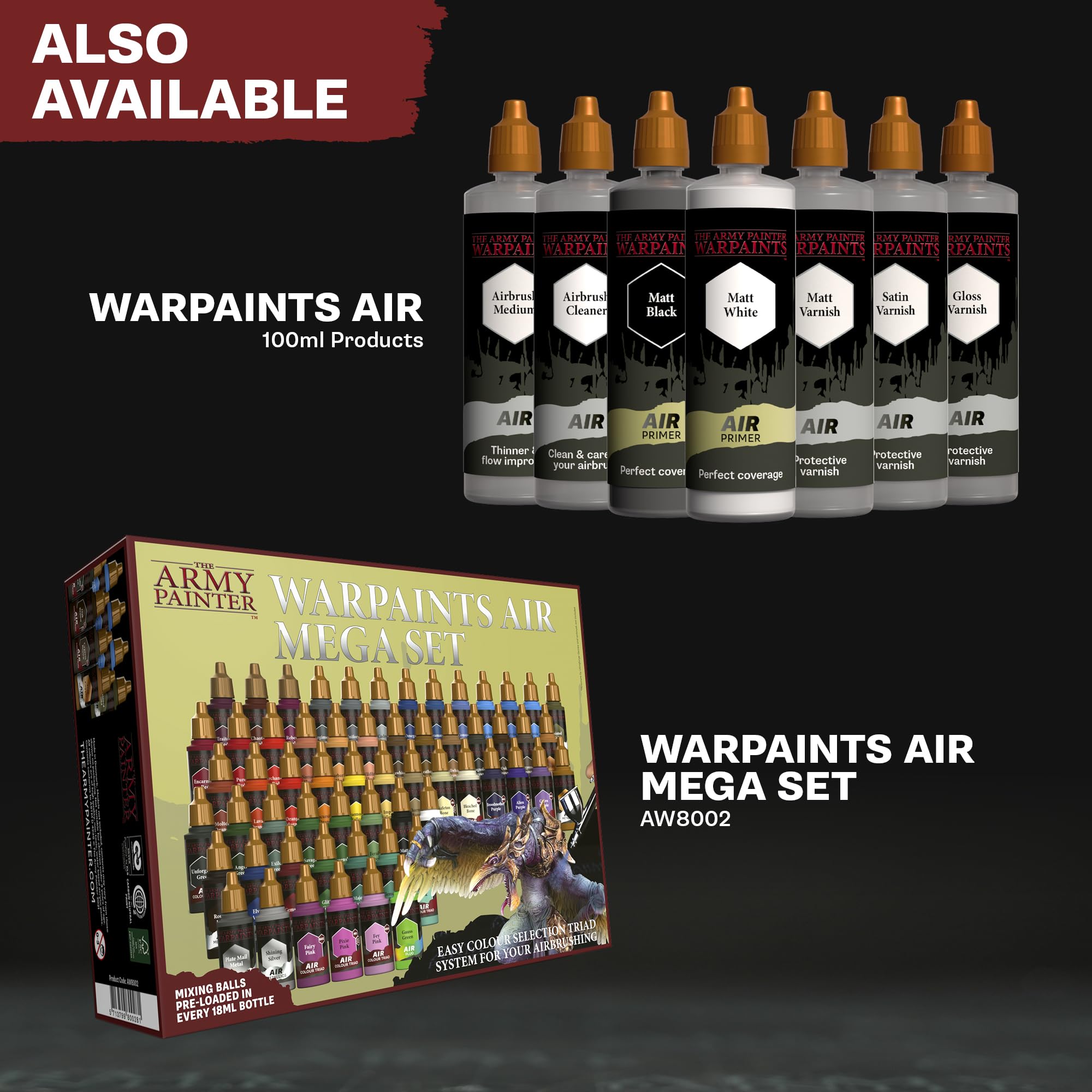 The Army Painter, Airbrush Starter Bundle, include: Air Starter Set, DipIt Brush, Air Anti-Shine Varnish, Airbrush Cleaner e Medium – ideale per DnD, Warhammer e Wargaming.